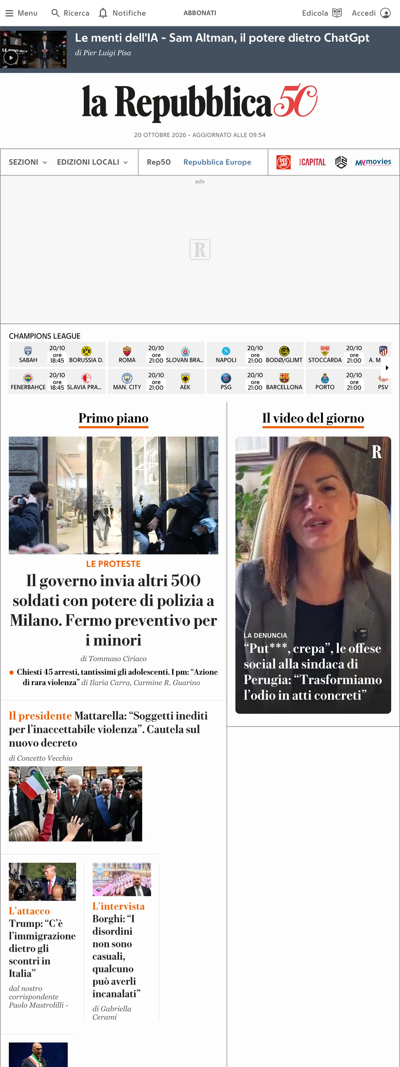 Screenshot of the la Repubblica front page