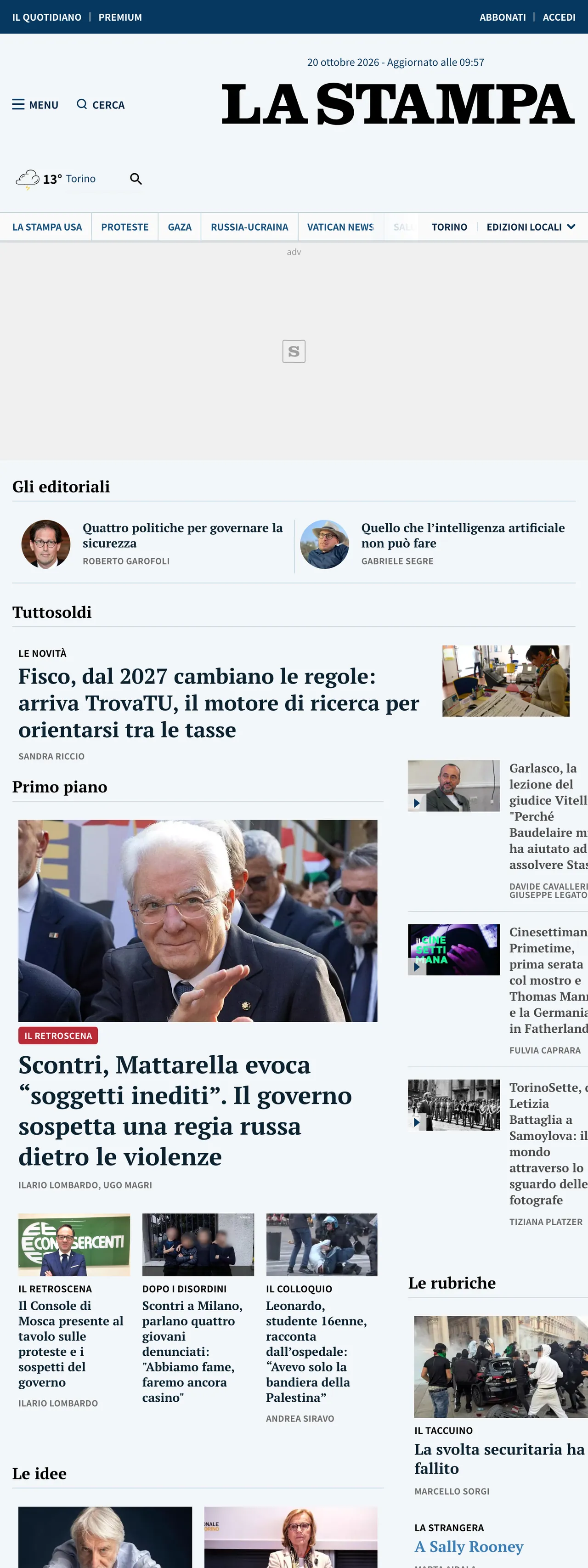 Screenshot of the La Stampa front page