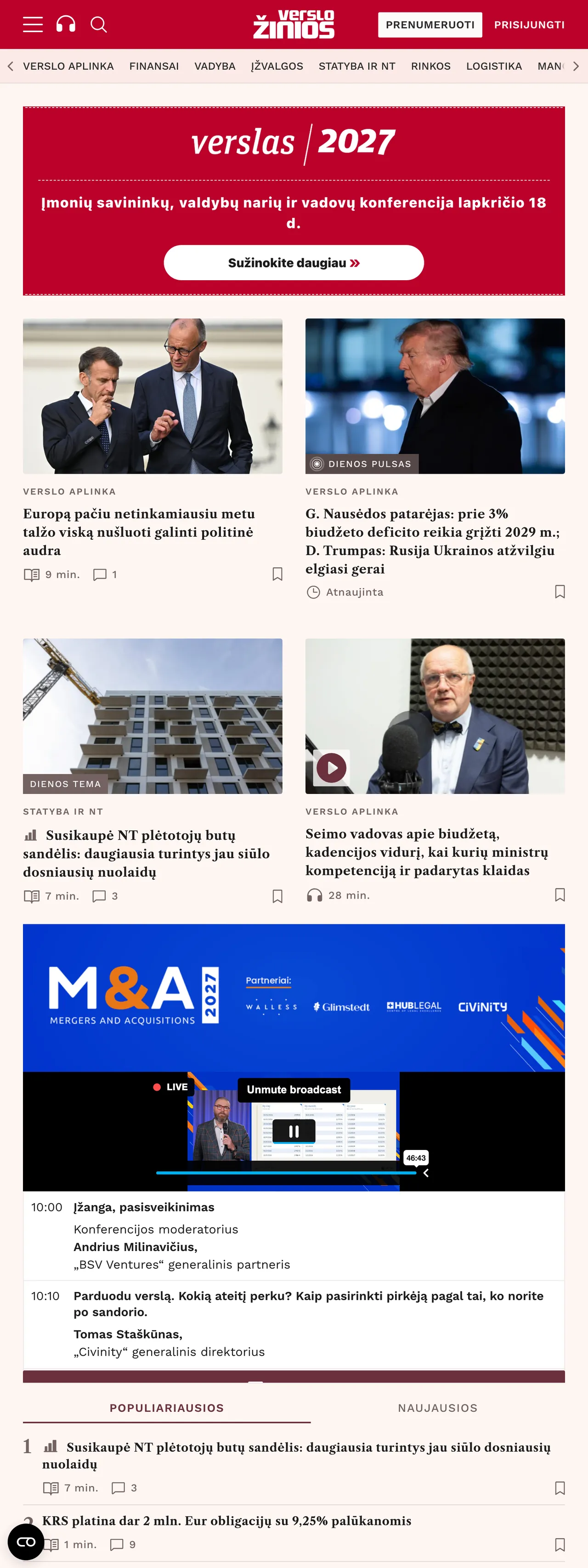 Screenshot of the Verslo žinios front page