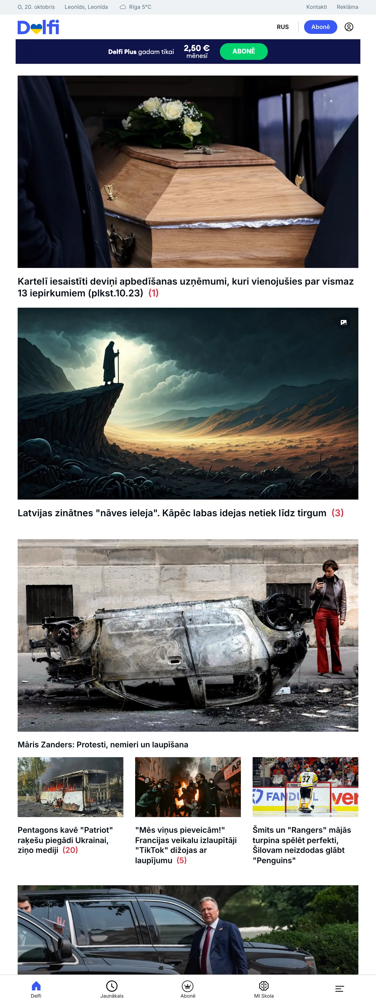Screenshot of the Delfi front page