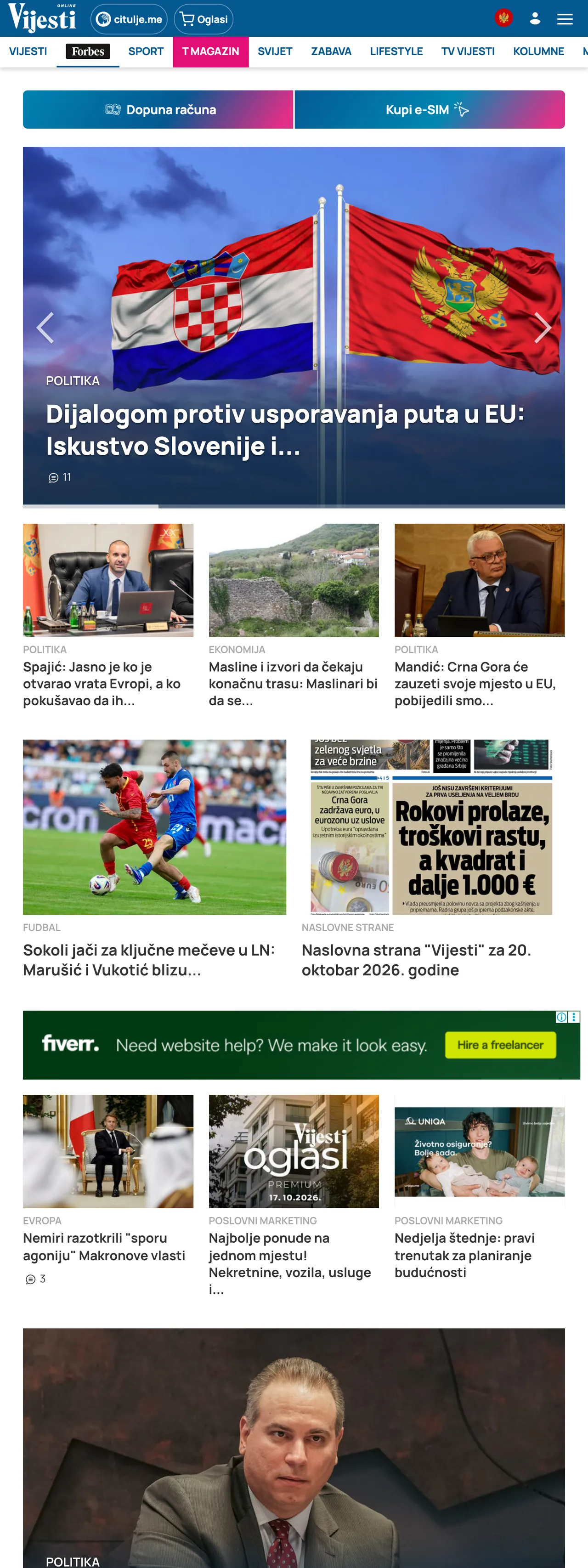 Screenshot of the Vijesti front page