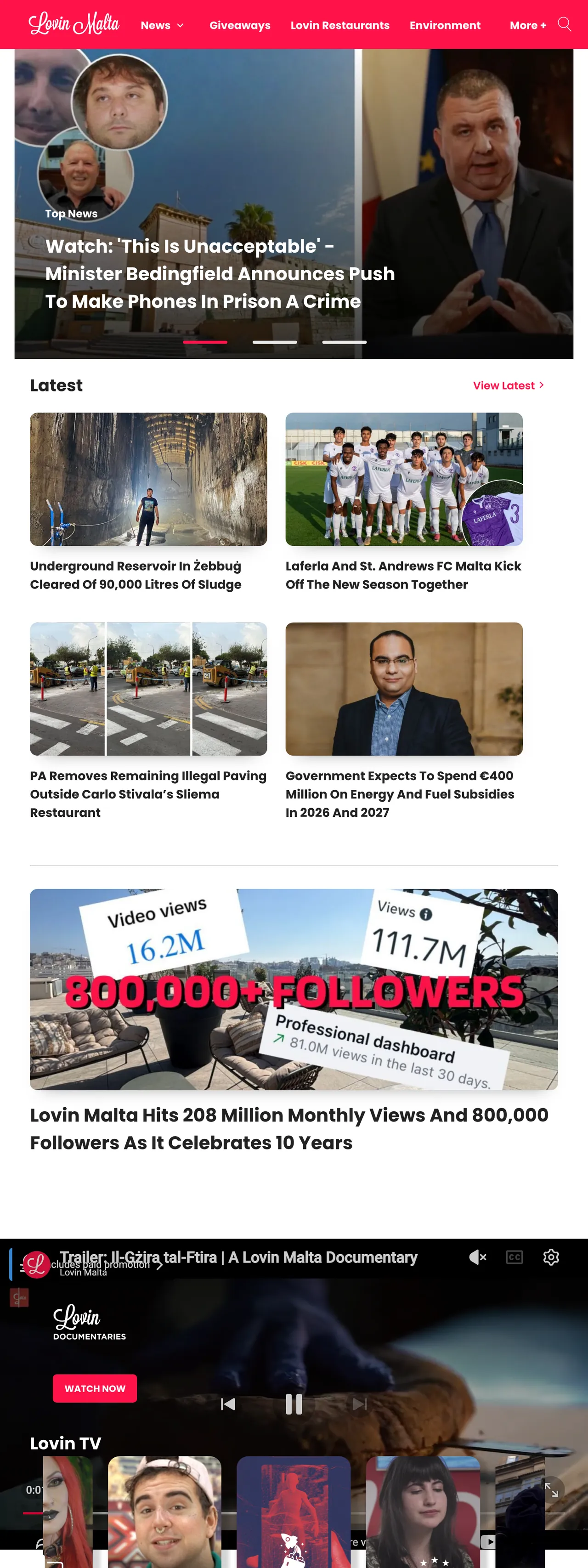 Screenshot of the Lovin Malta front page