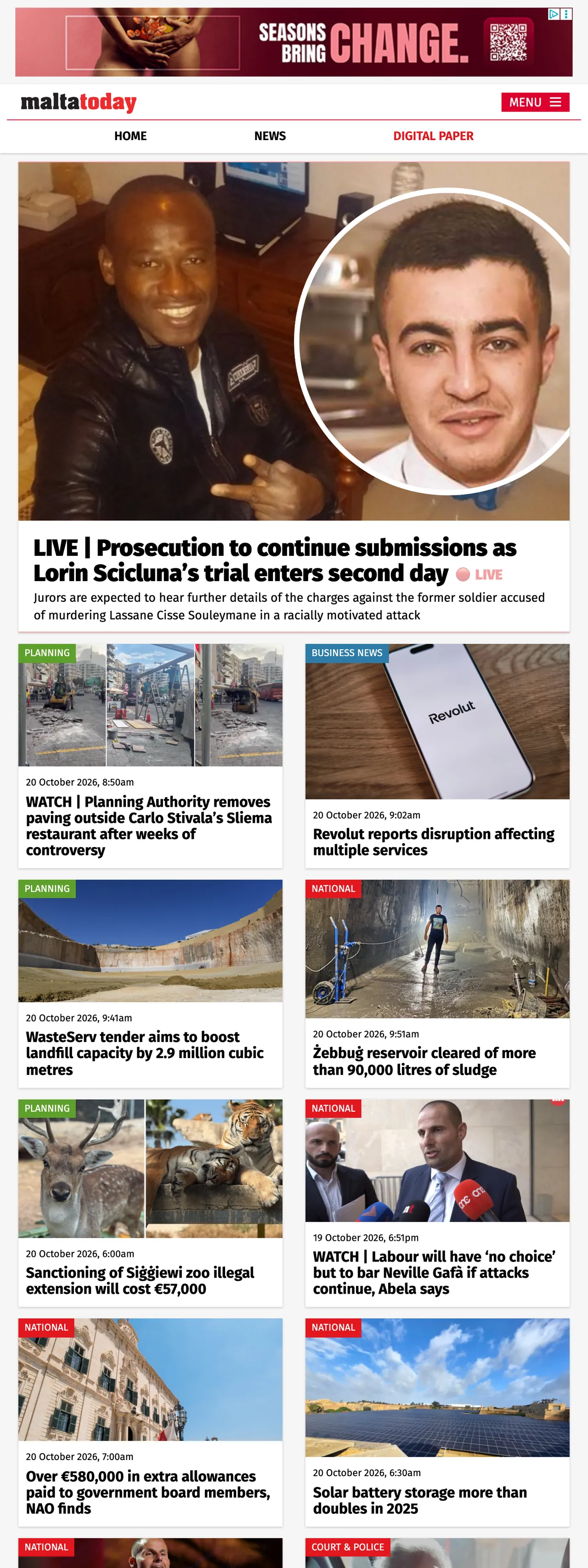 Screenshot of the Malta Today front page