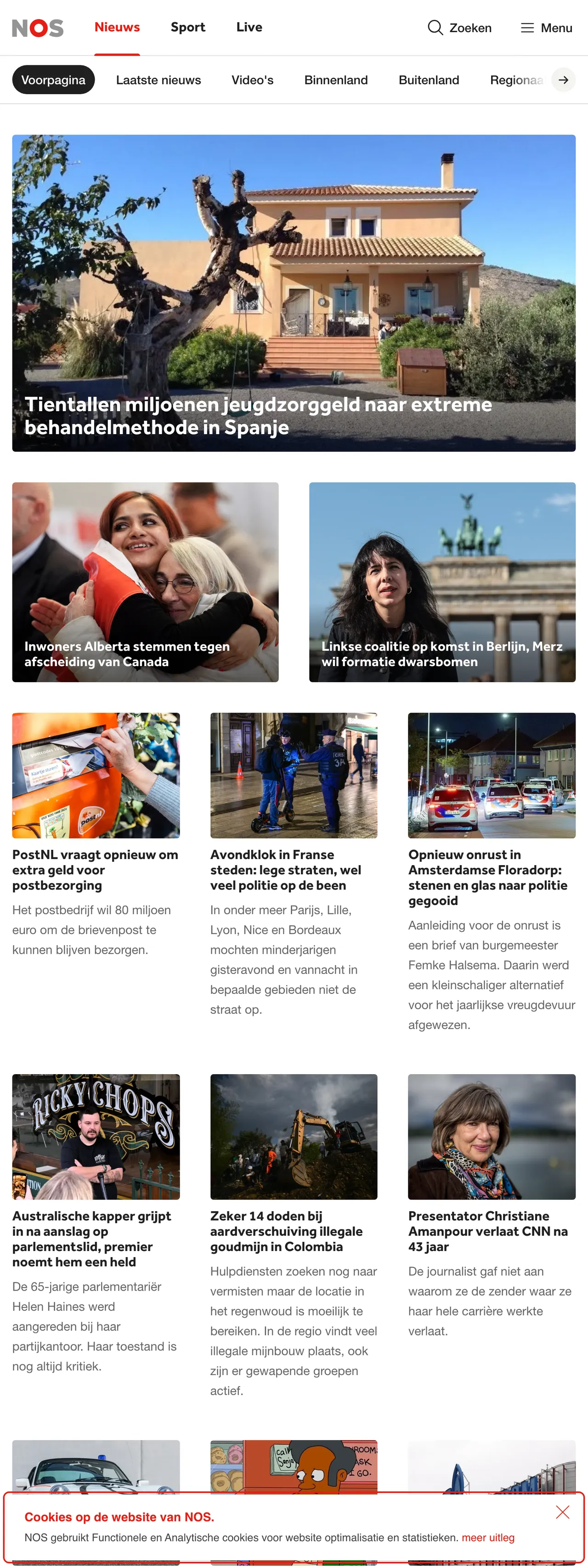 Screenshot of the NOS front page