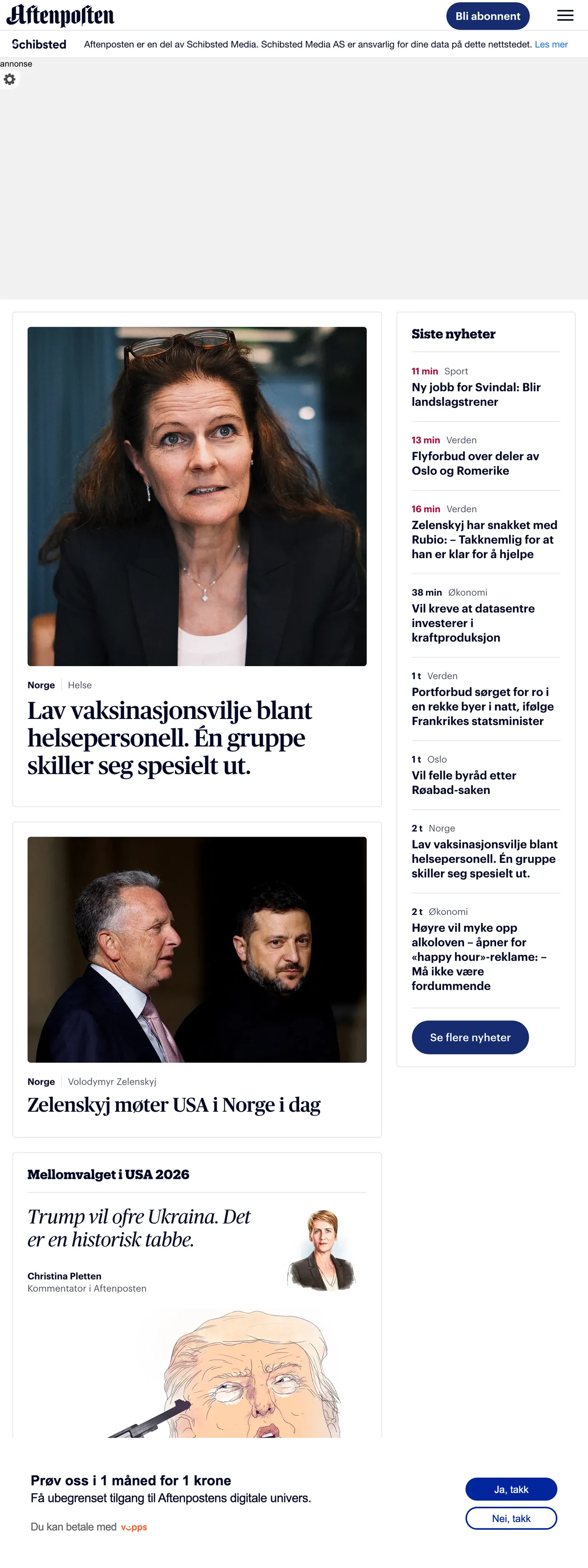 Screenshot of the Aftenposten front page