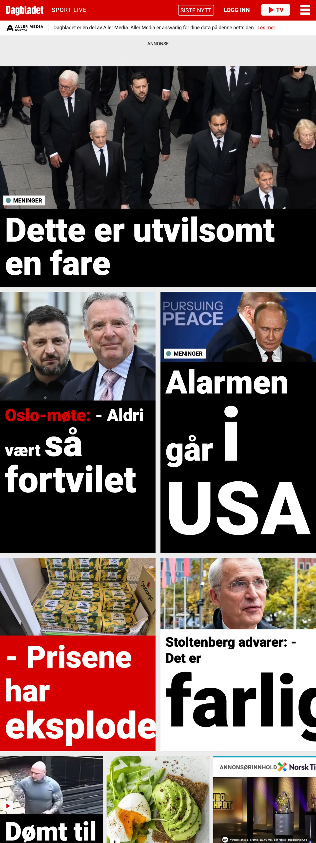 Screenshot of the Dagbladet front page
