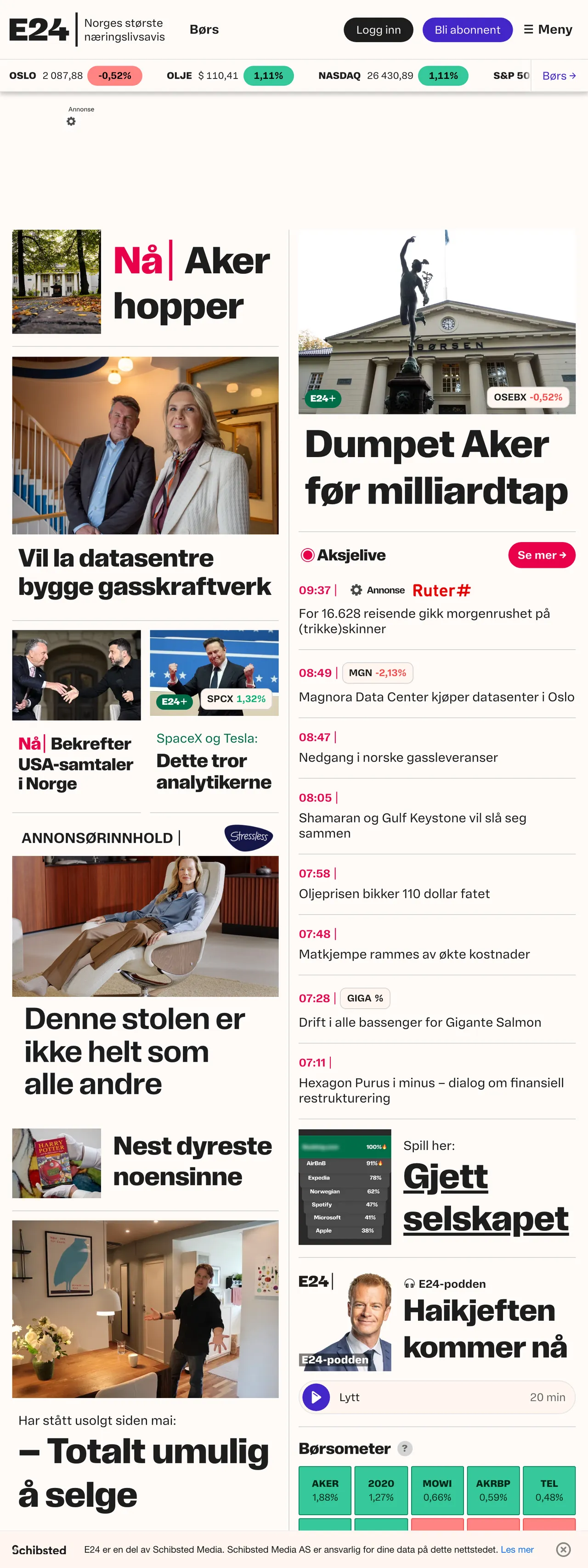Screenshot of the E24 front page