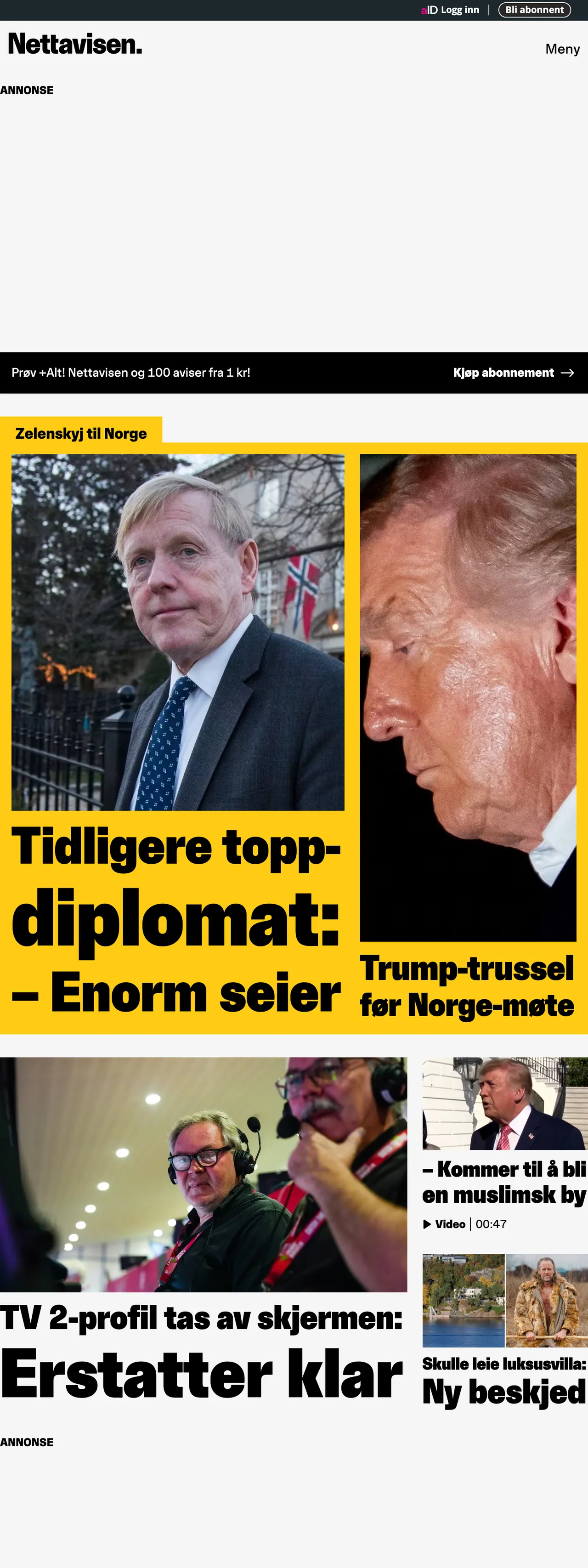Screenshot of the Nettavisen front page