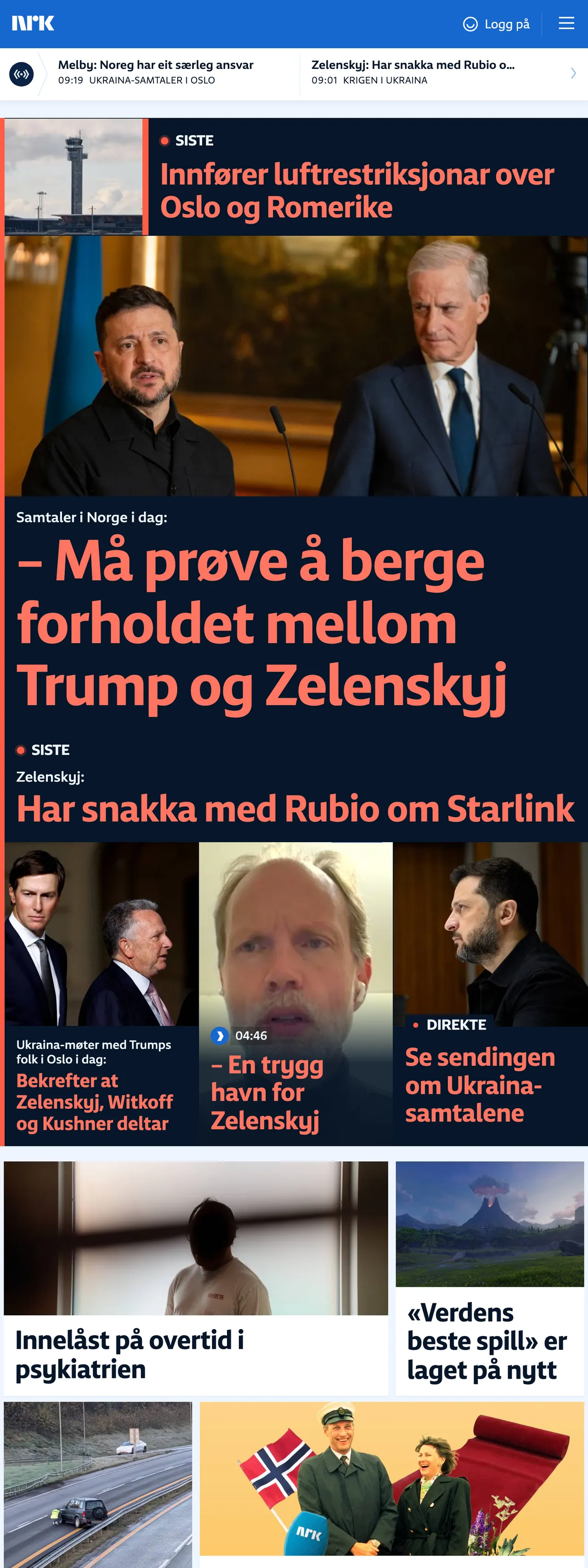 Screenshot of the NRK front page