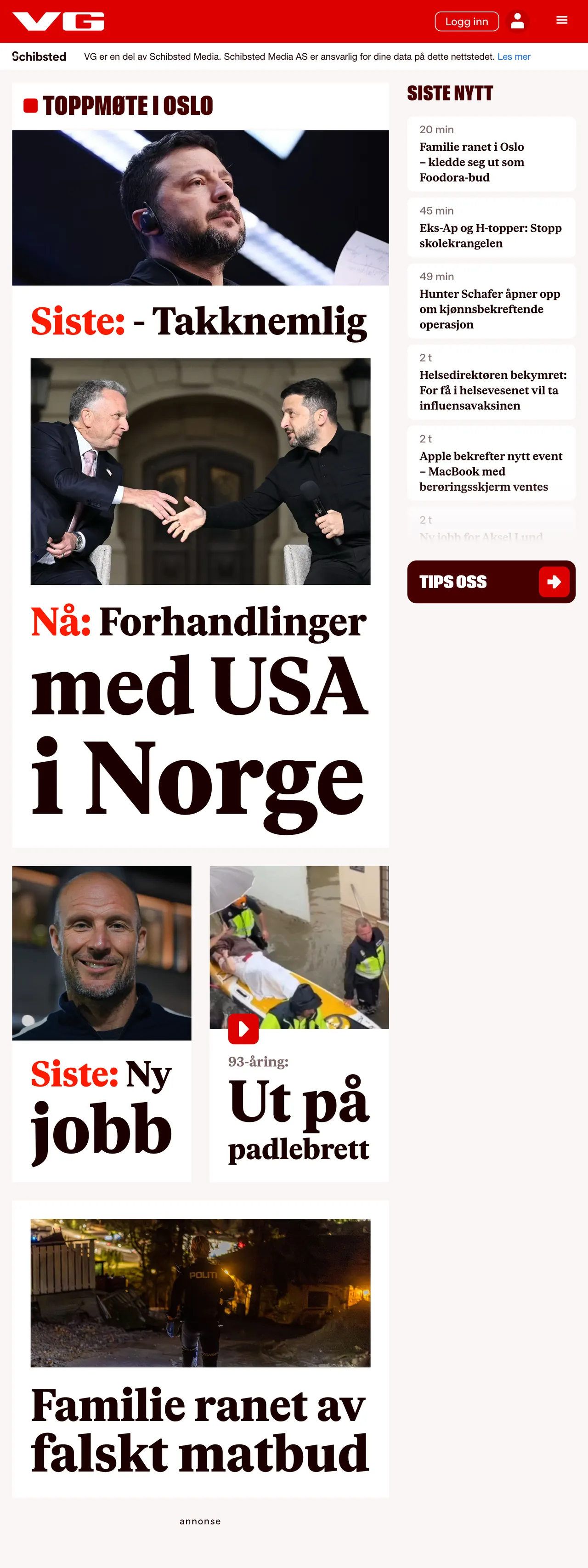 Screenshot of the VG front page
