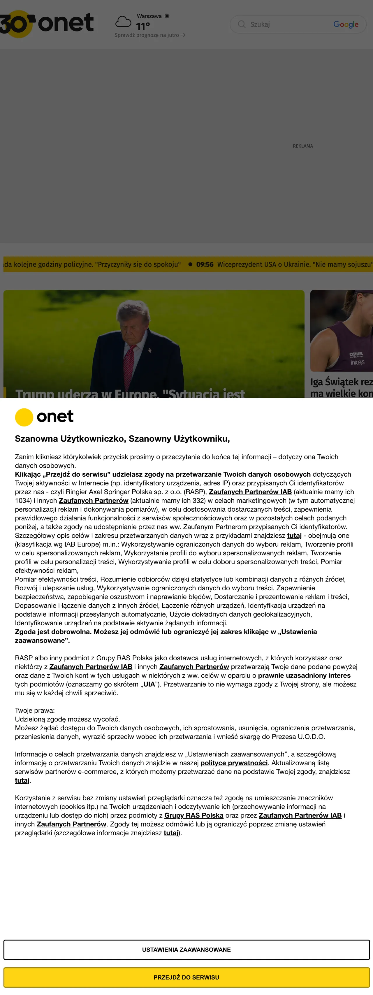 Screenshot of the Onet front page