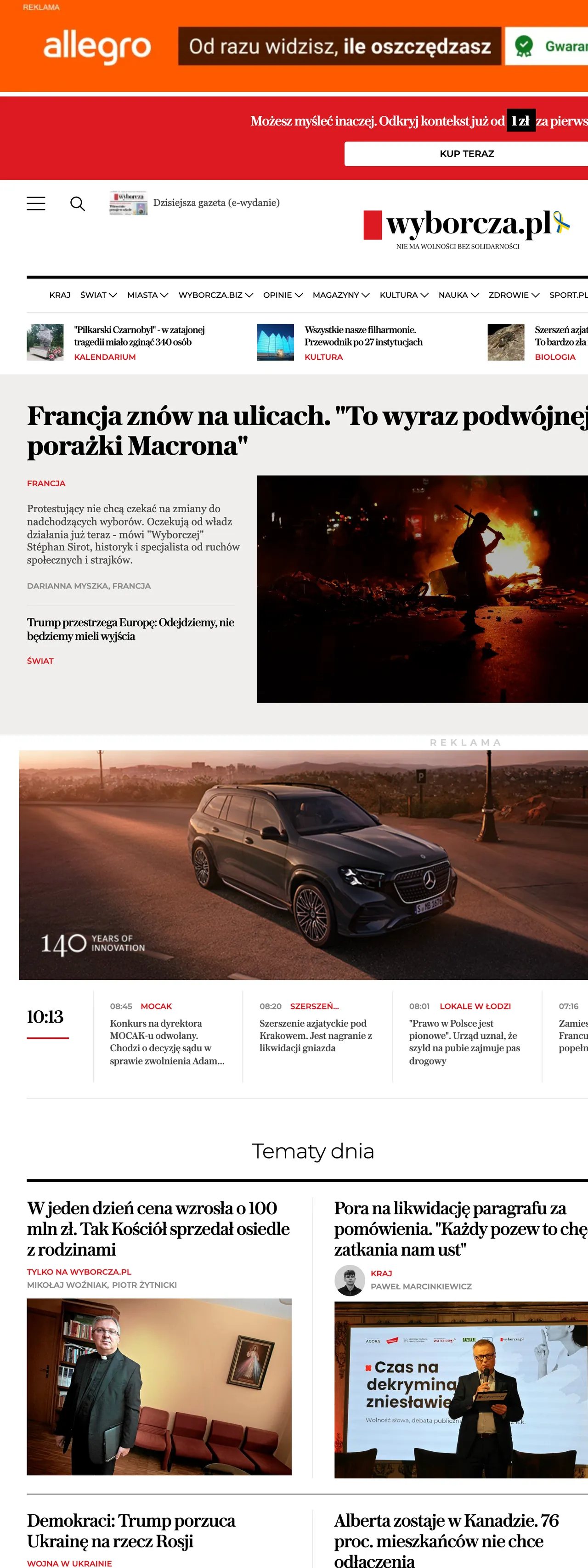 Screenshot of the Wyborcza front page