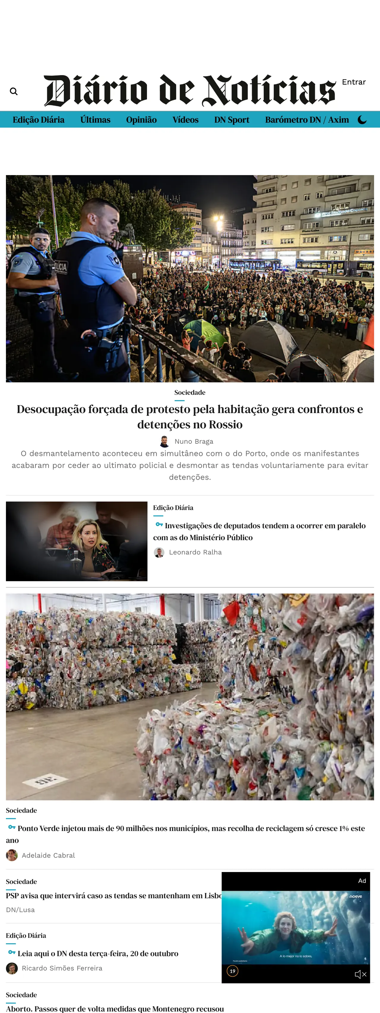 Screenshot of the Diário de Notícias front page