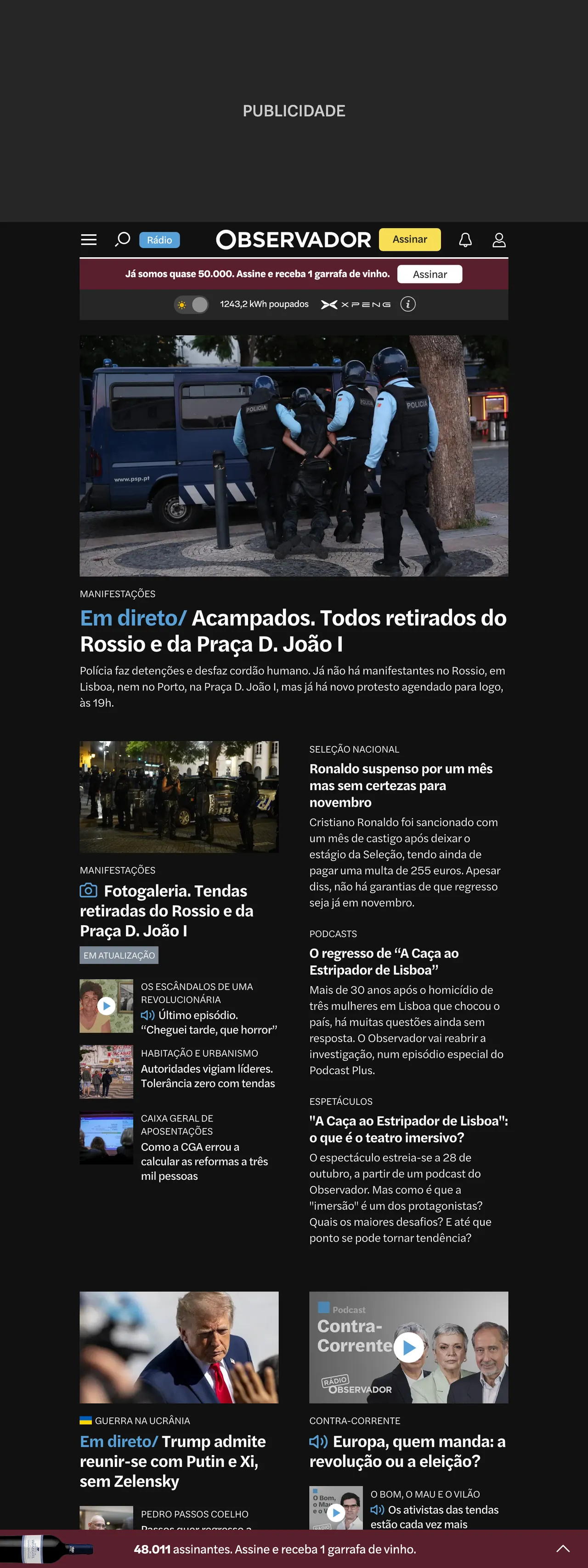 Screenshot of the Observador front page