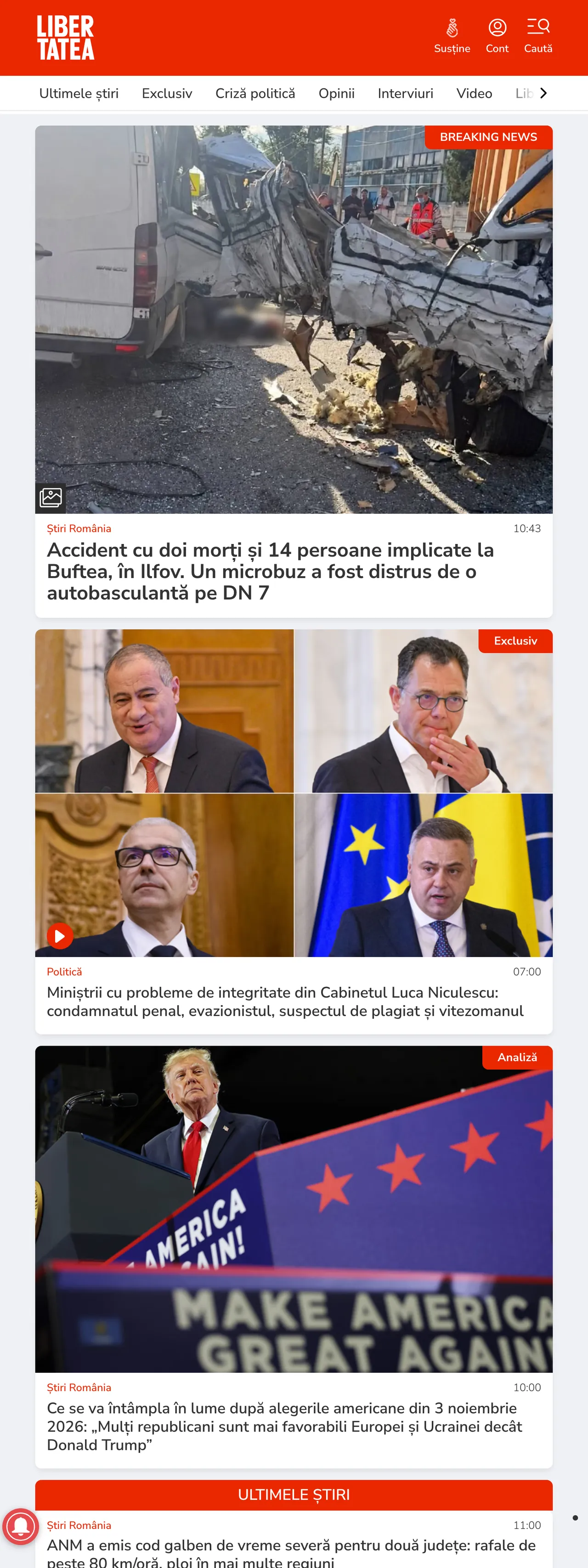 Screenshot of the Libertatea front page
