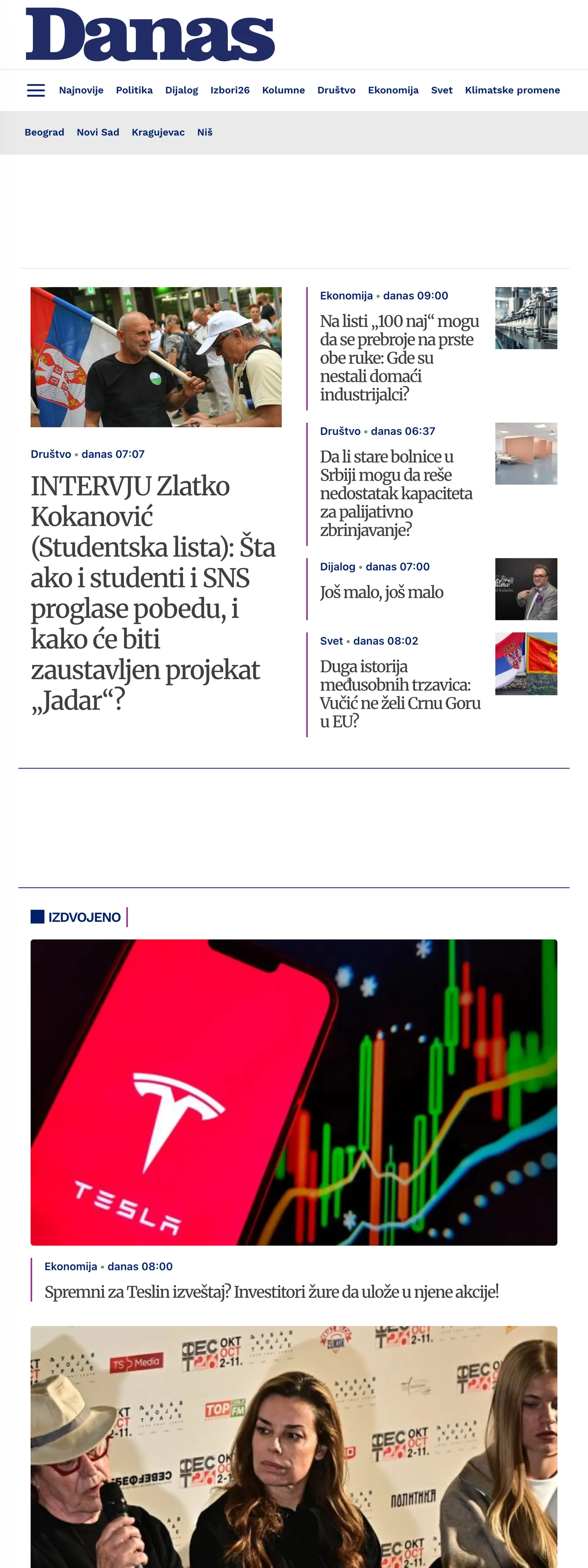 Screenshot of the Danas front page