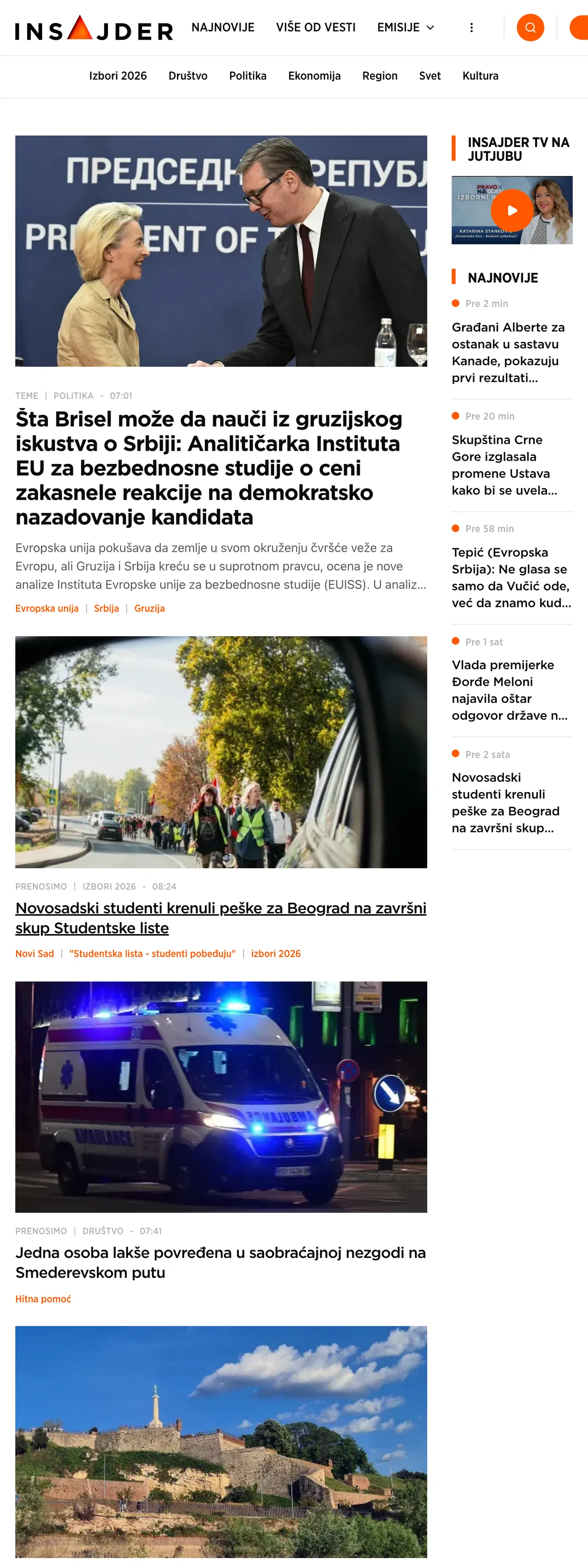 Screenshot of the Insajder front page