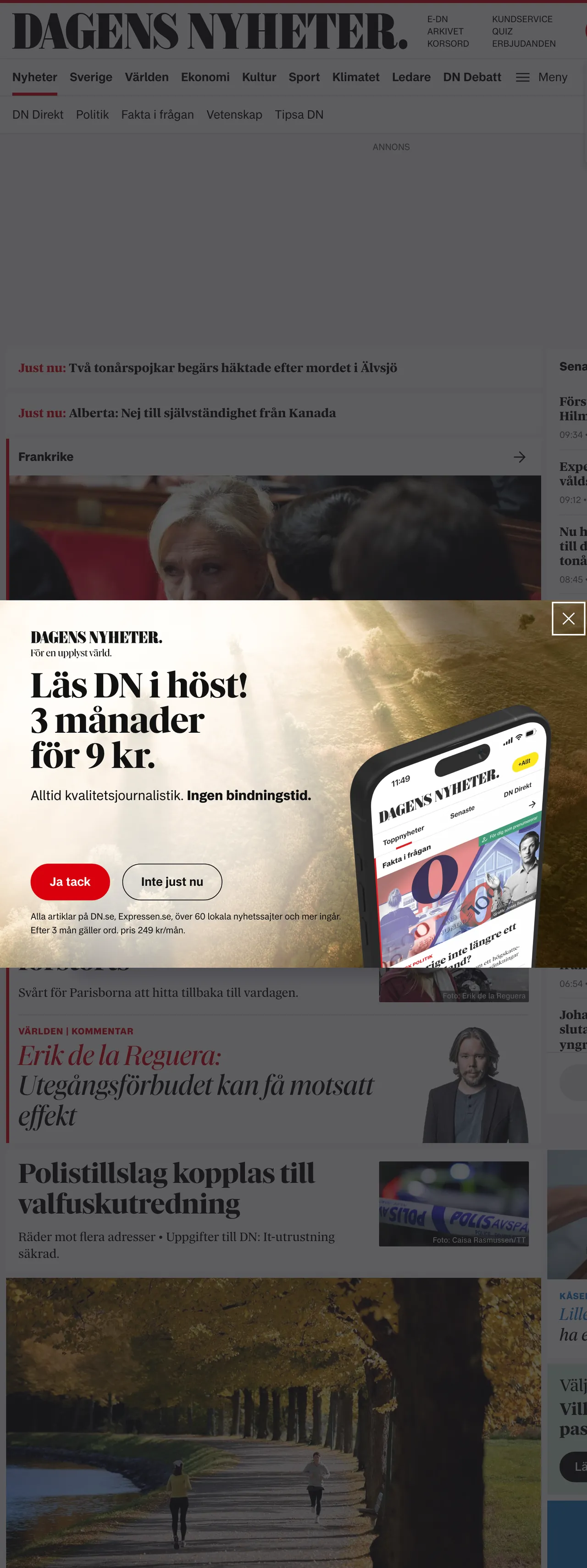 Screenshot of the Dagens Nyheter front page