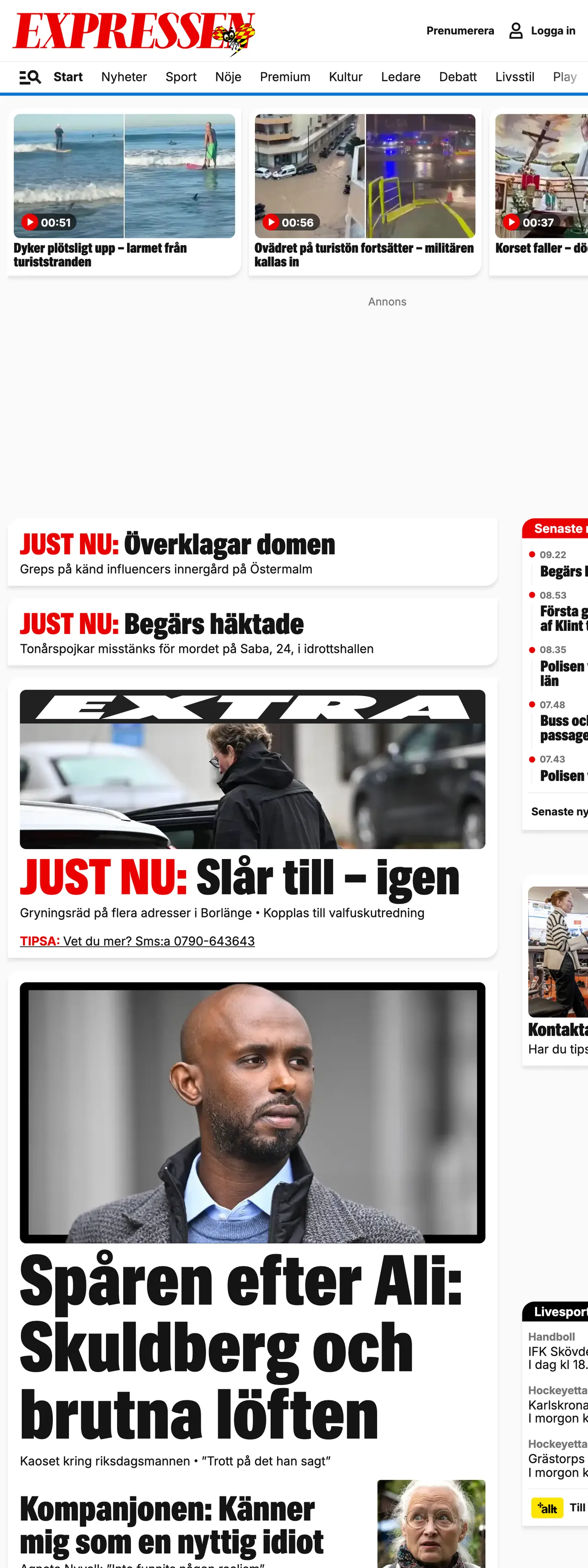 Screenshot of the Expressen front page