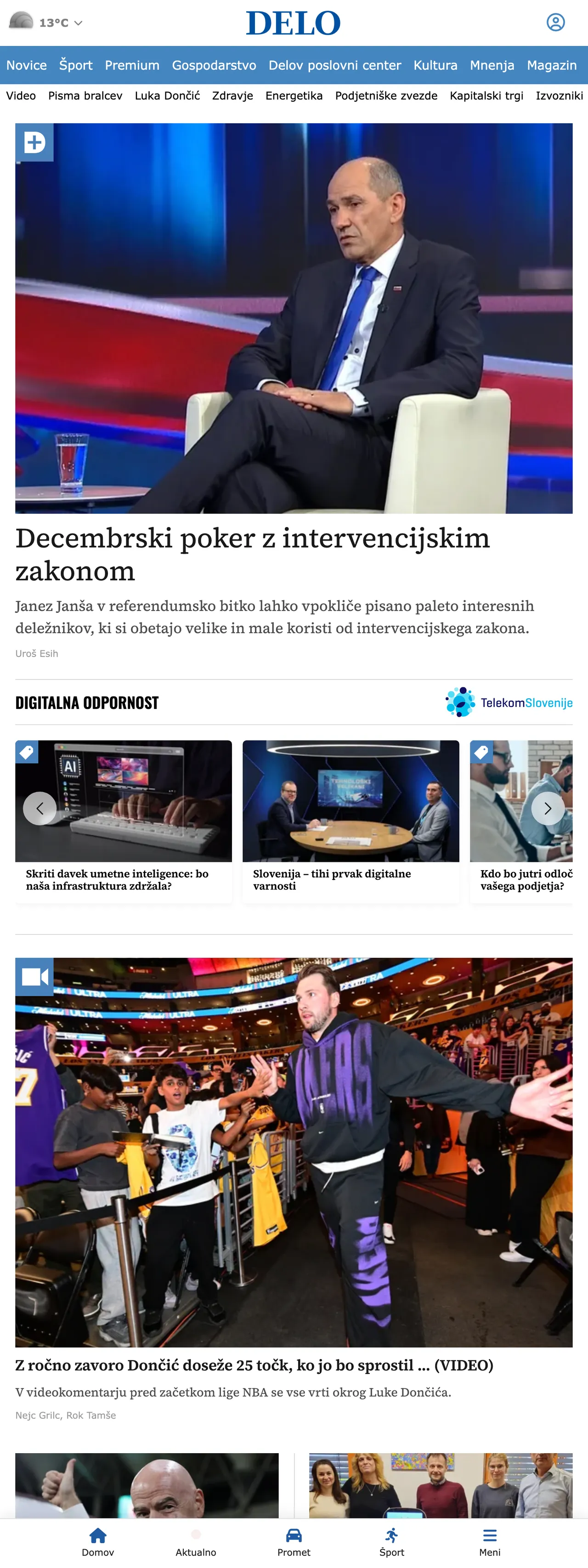 Screenshot of the Delo front page
