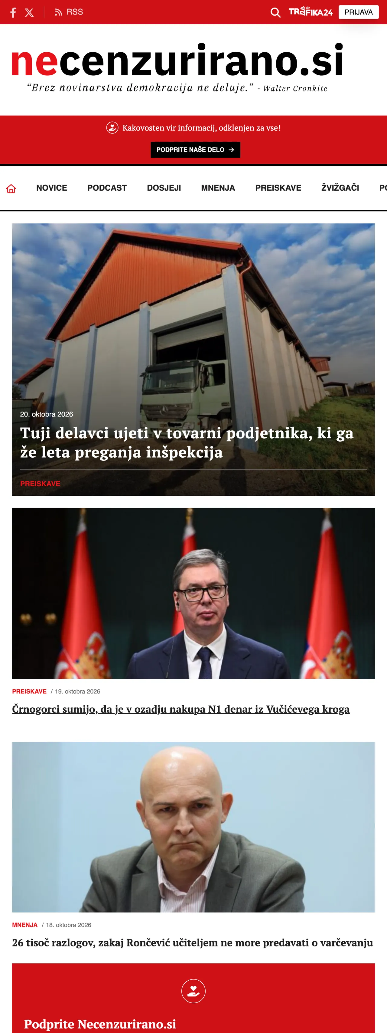 Screenshot of the Necenzurirano front page