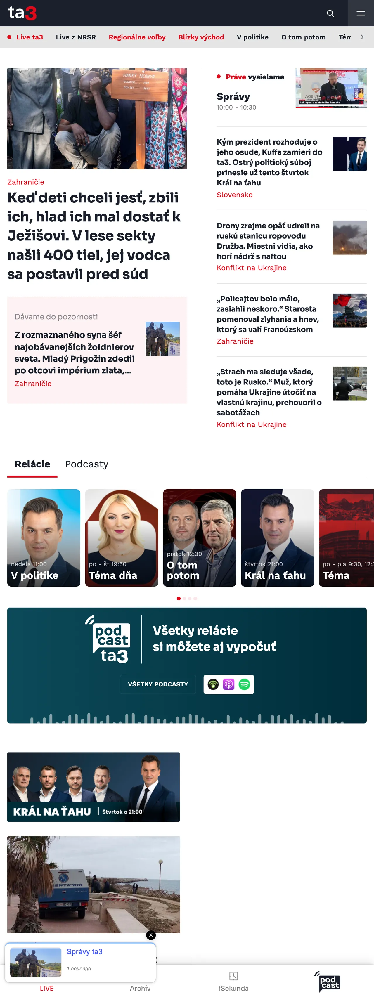 Screenshot of the TA3 front page