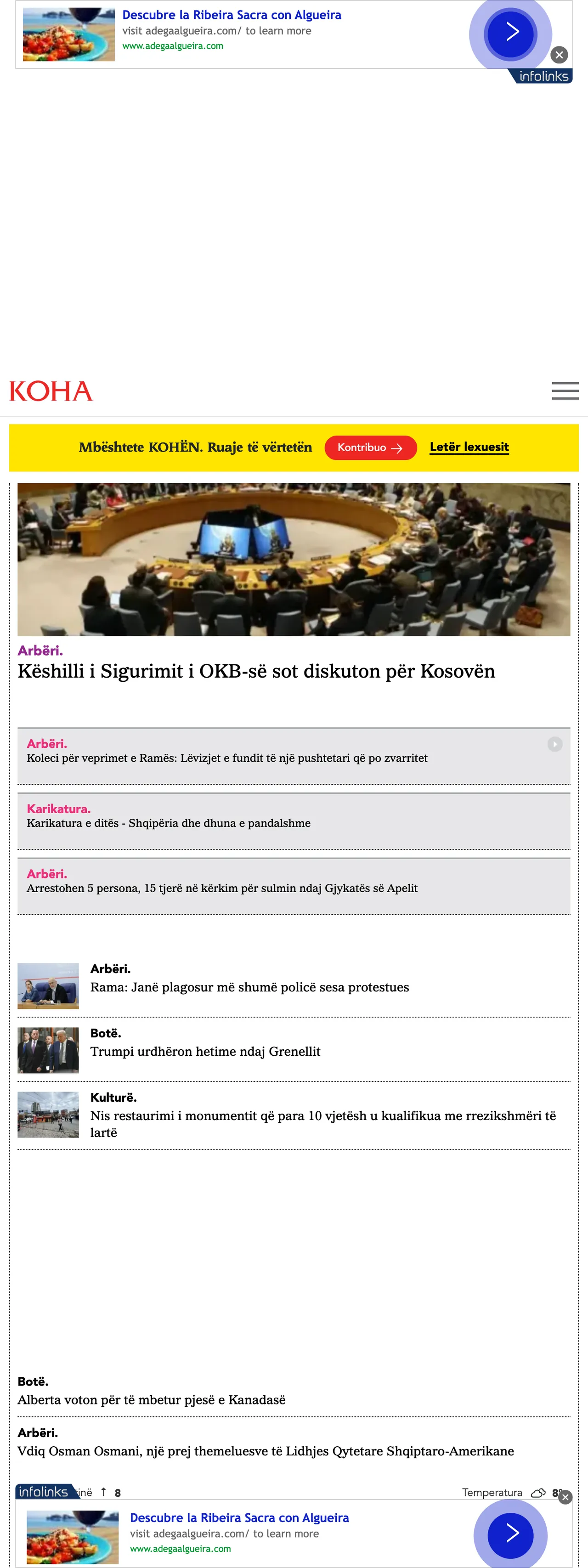 Screenshot of the Koha Ditore front page