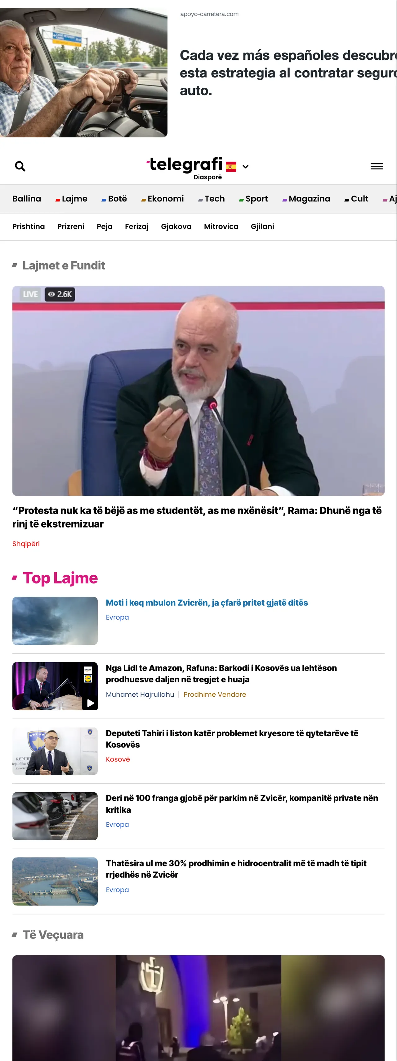 Screenshot of the Telegrafi front page