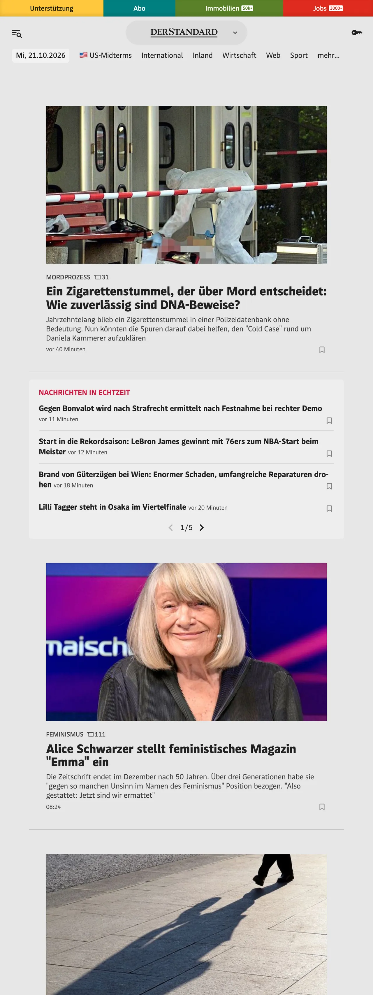 Screenshot of the DER STANDARD front page