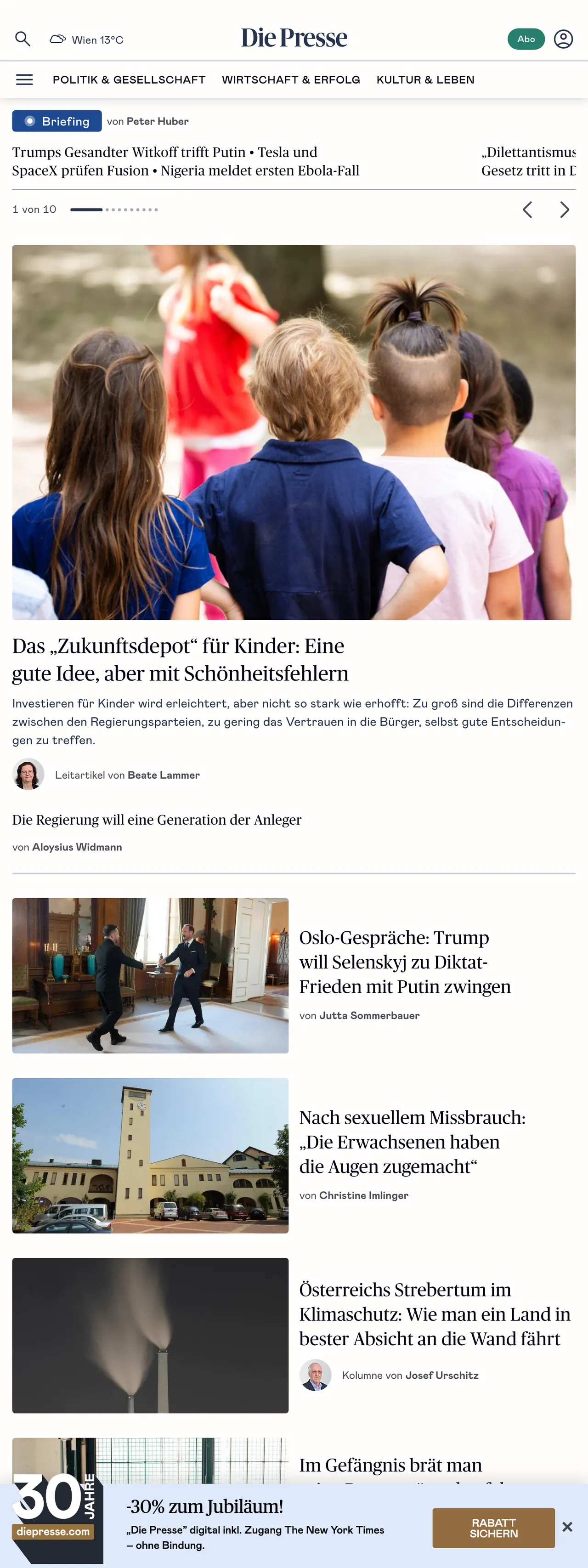 Screenshot of the Die Presse front page