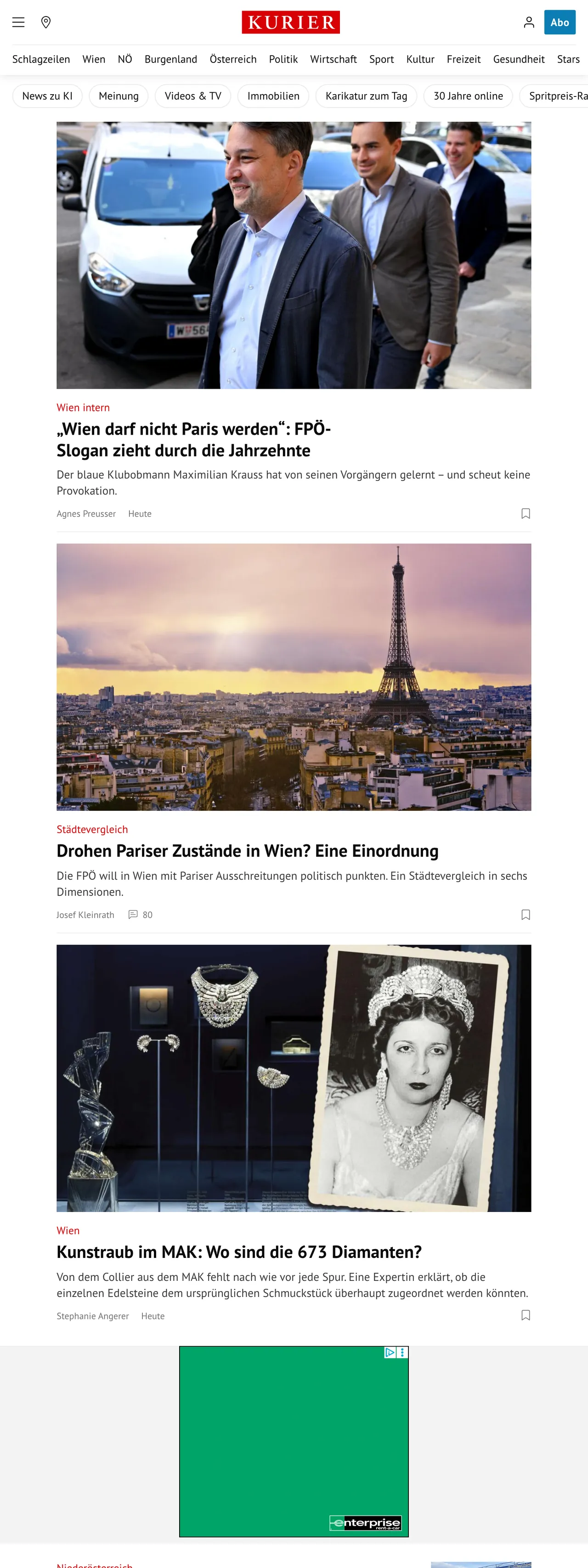 Screenshot of the Kurier front page