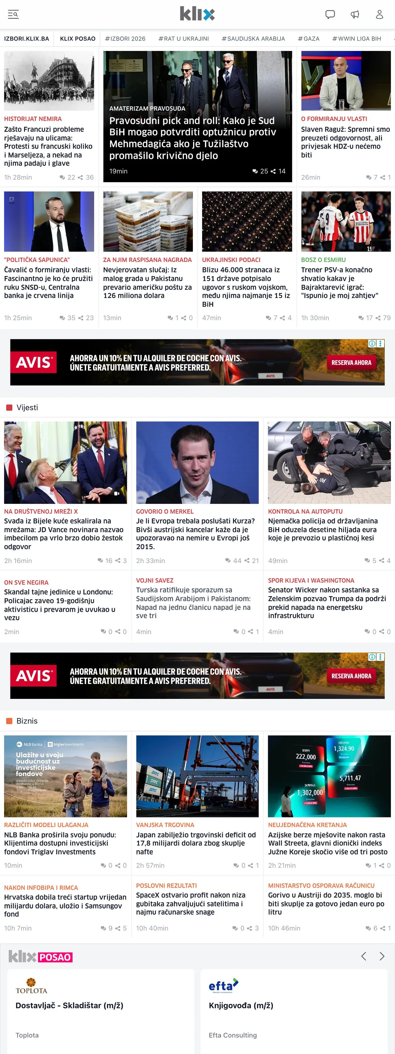 Screenshot of the Klix.ba front page