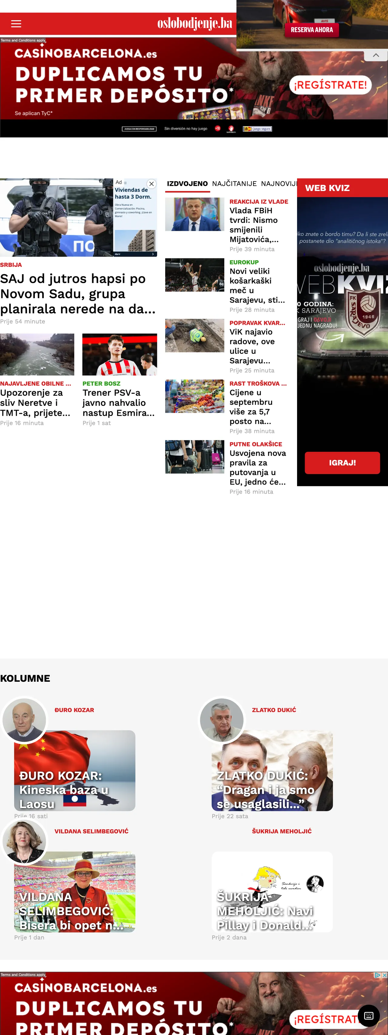 Screenshot of the Oslobođenje front page