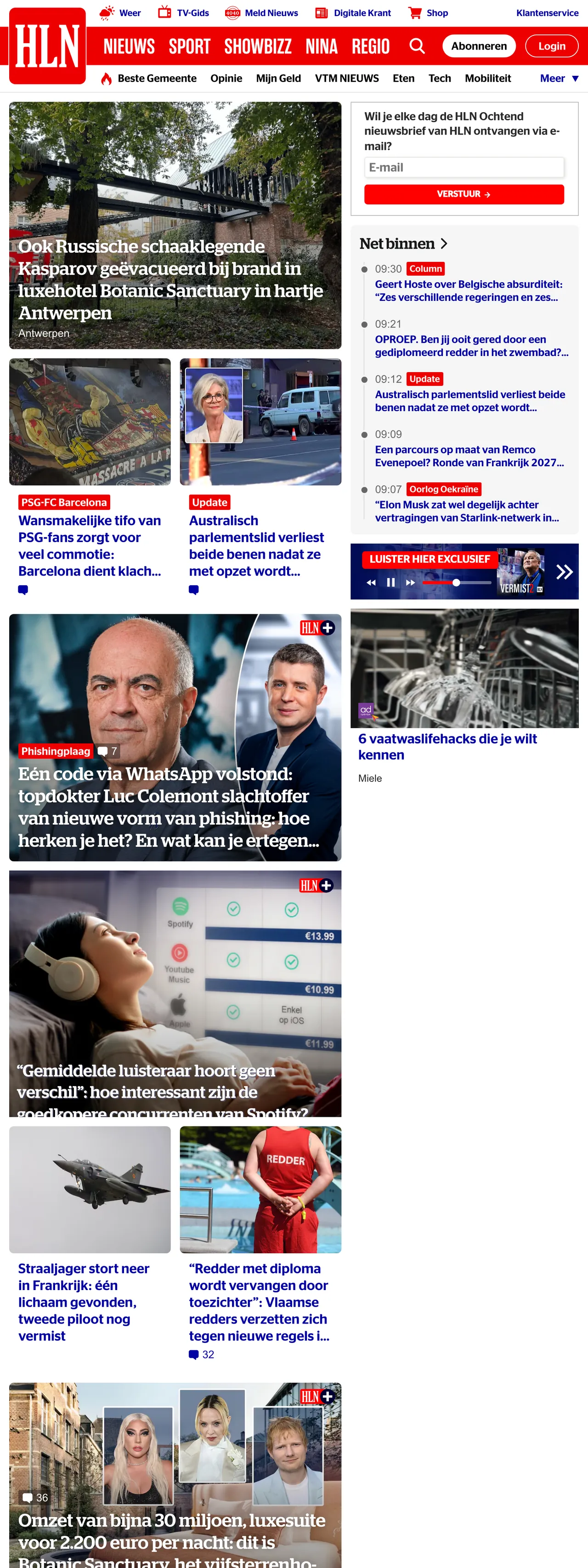 Screenshot of the HLN front page