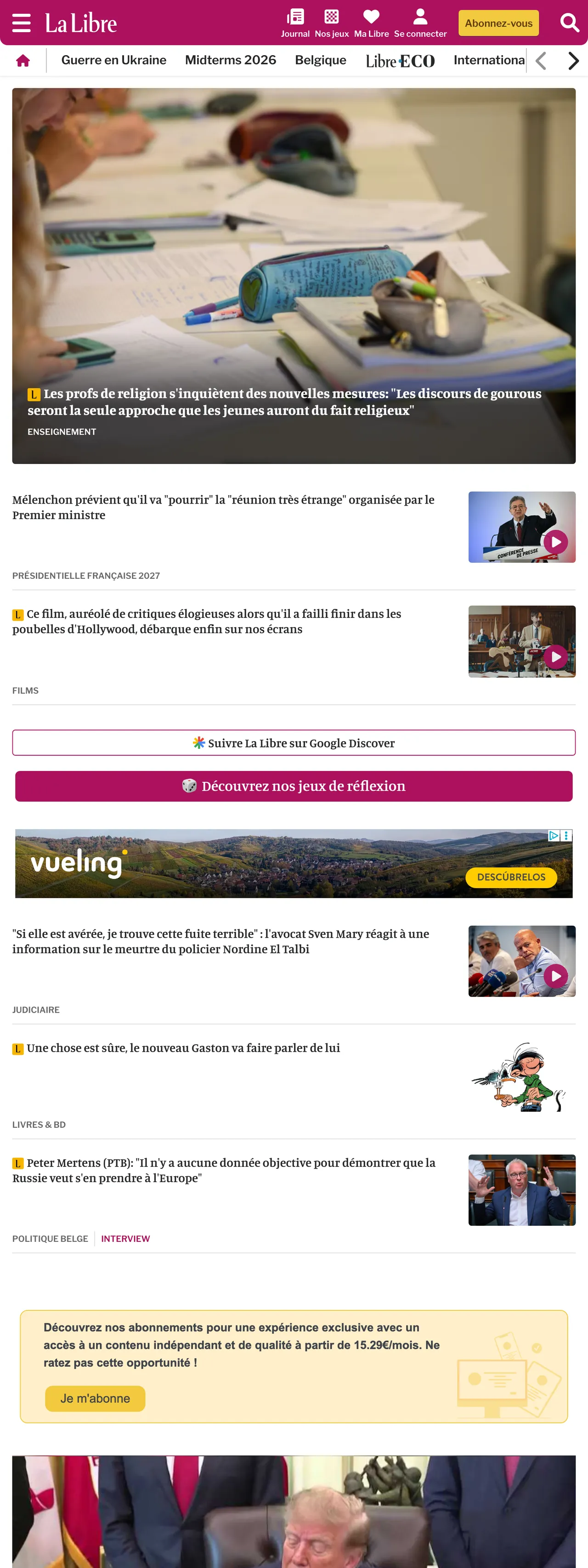Screenshot of the La Libre front page
