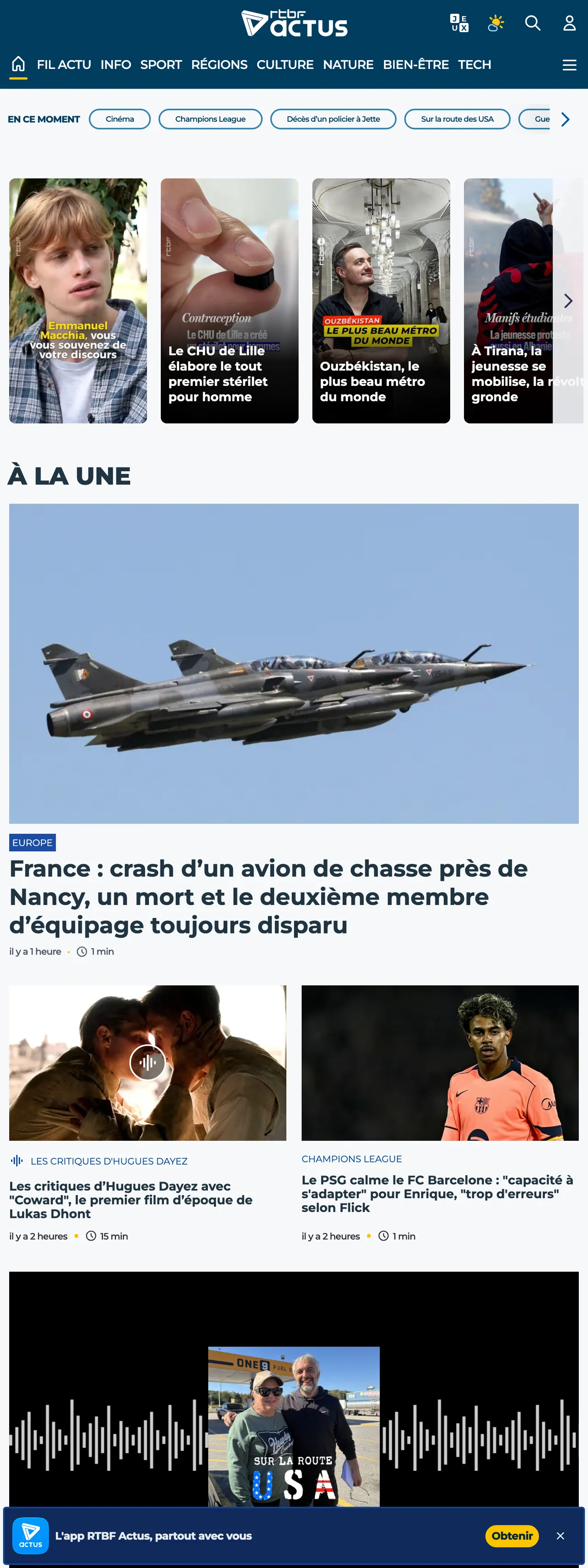 Screenshot of the RTBF front page
