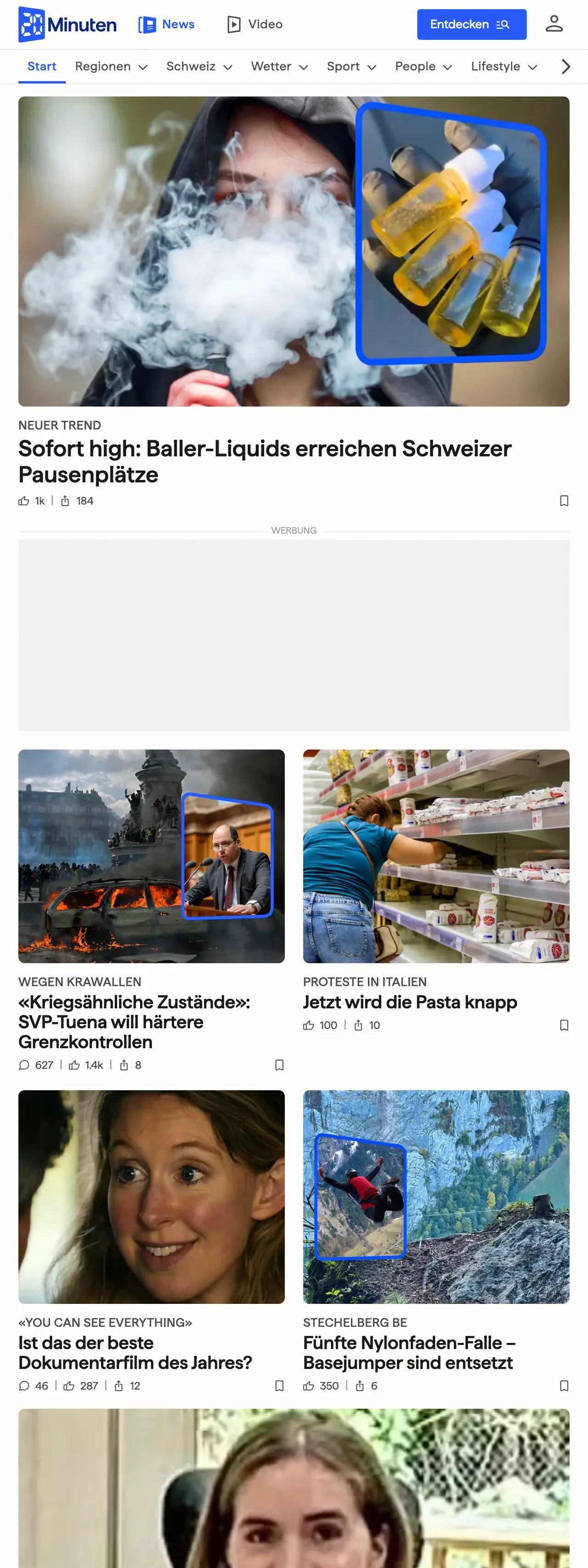 Screenshot of the 20 Minuten front page