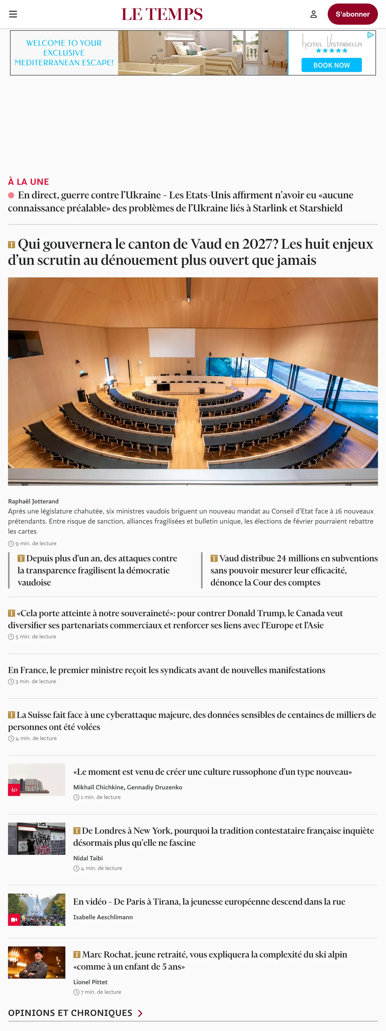 Screenshot of the Le Temps front page
