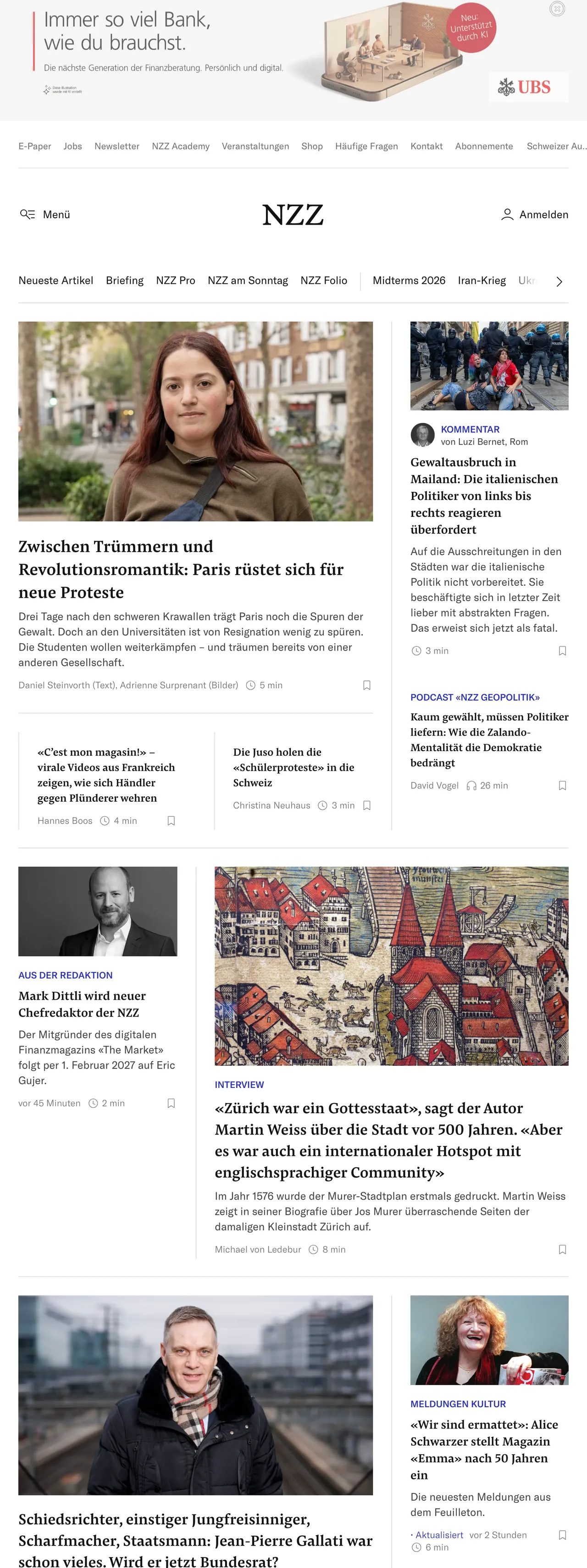Screenshot of the Neue Zürcher Zeitung front page