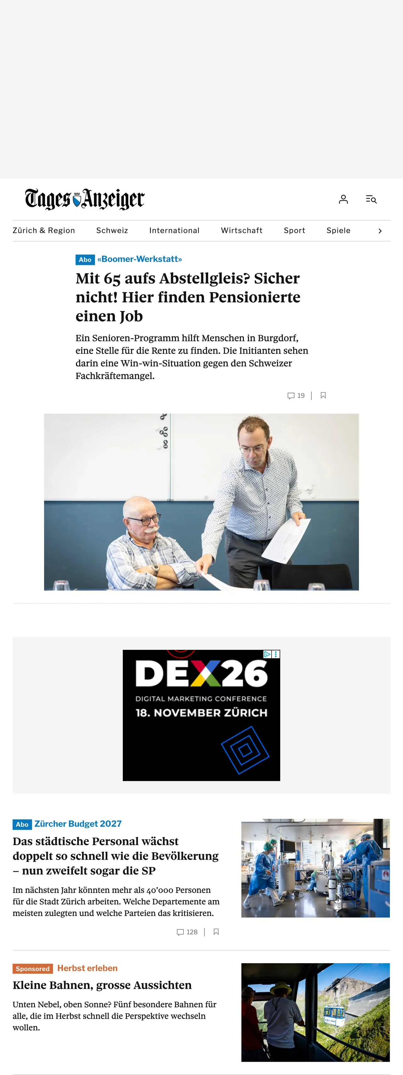 Screenshot of the Tages-Anzeiger front page
