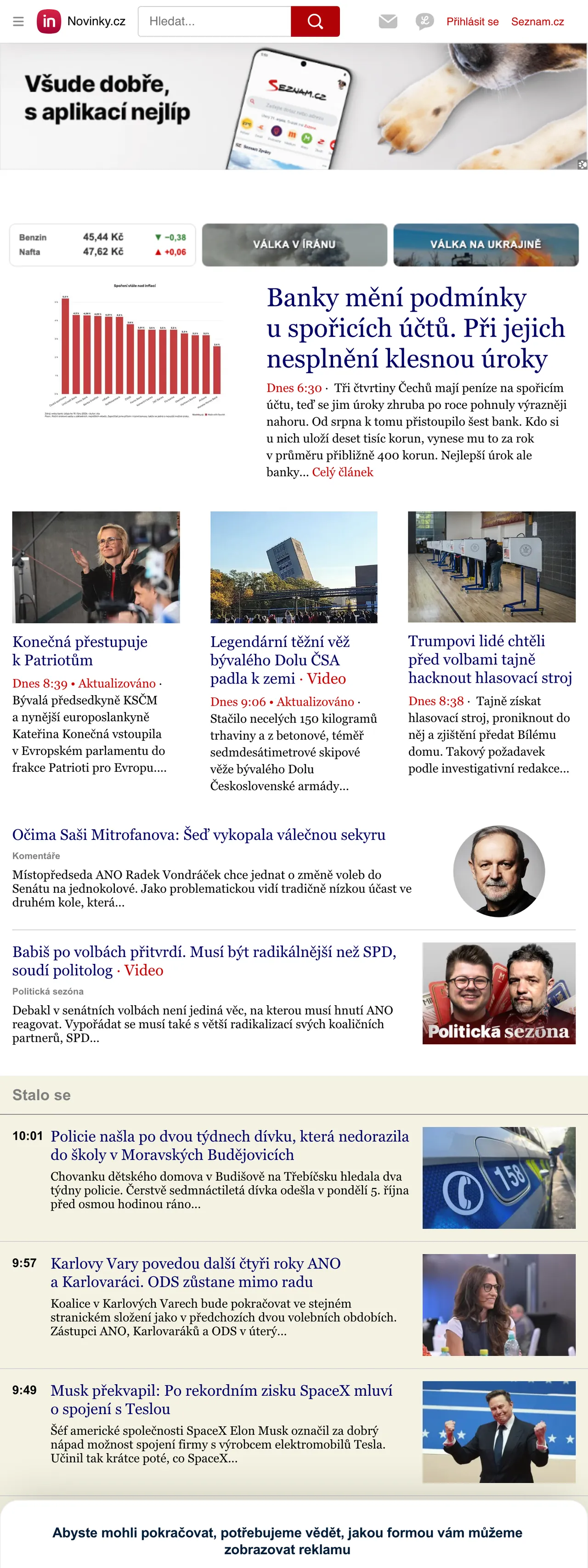 Screenshot of the Novinky.cz front page