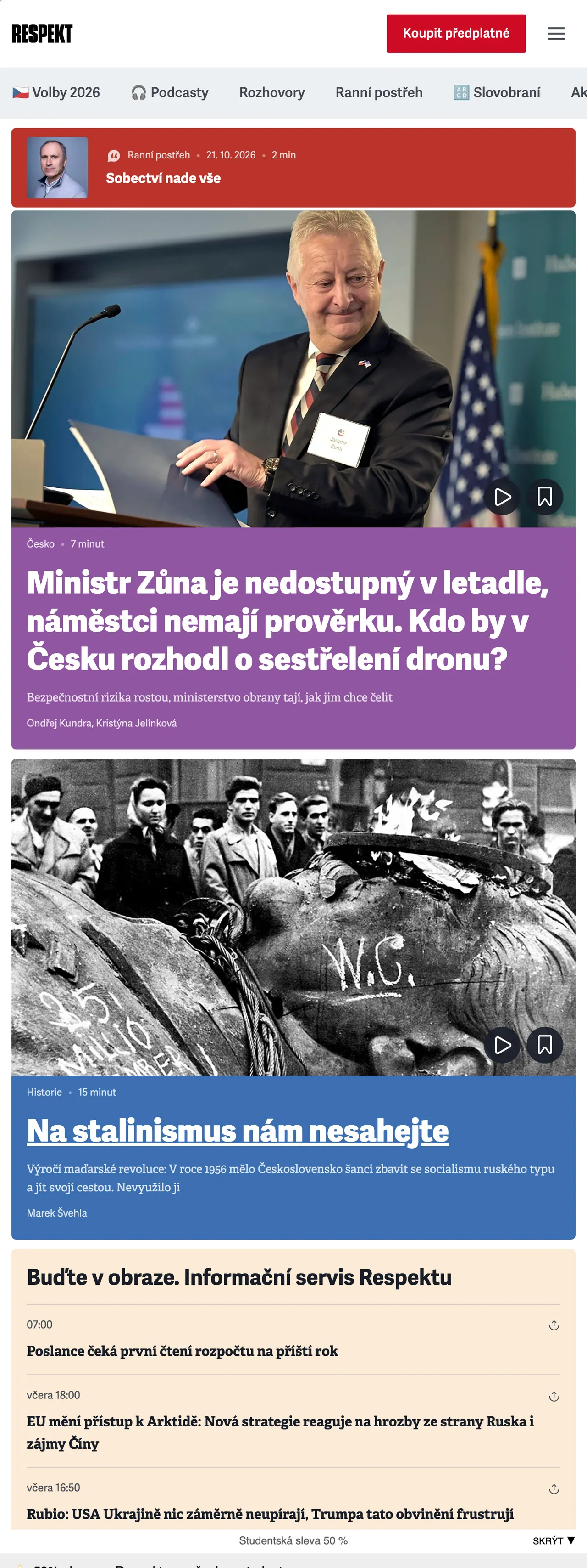 Screenshot of the Respekt front page
