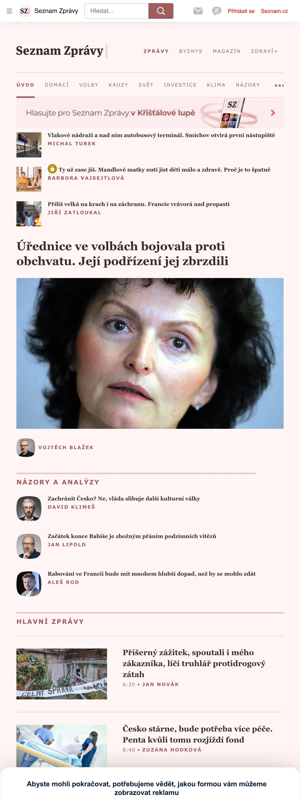 Screenshot of the Seznam Zprávy front page