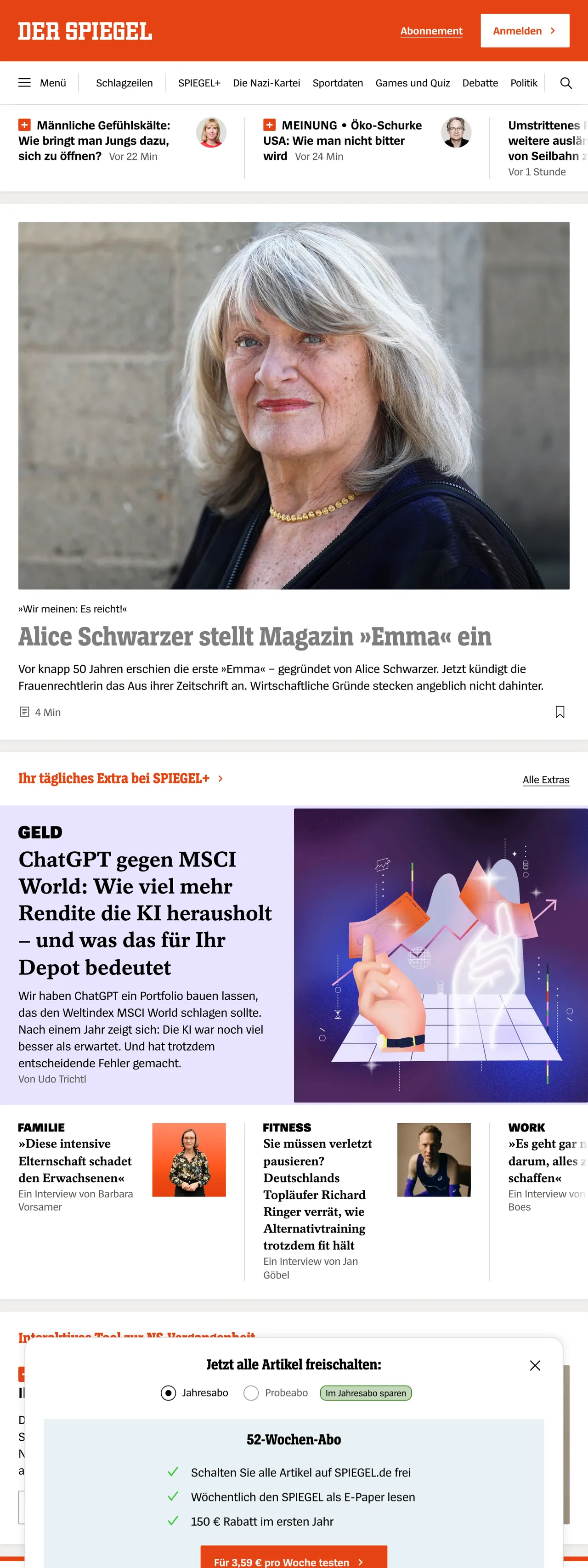 Screenshot of the DER SPIEGEL front page