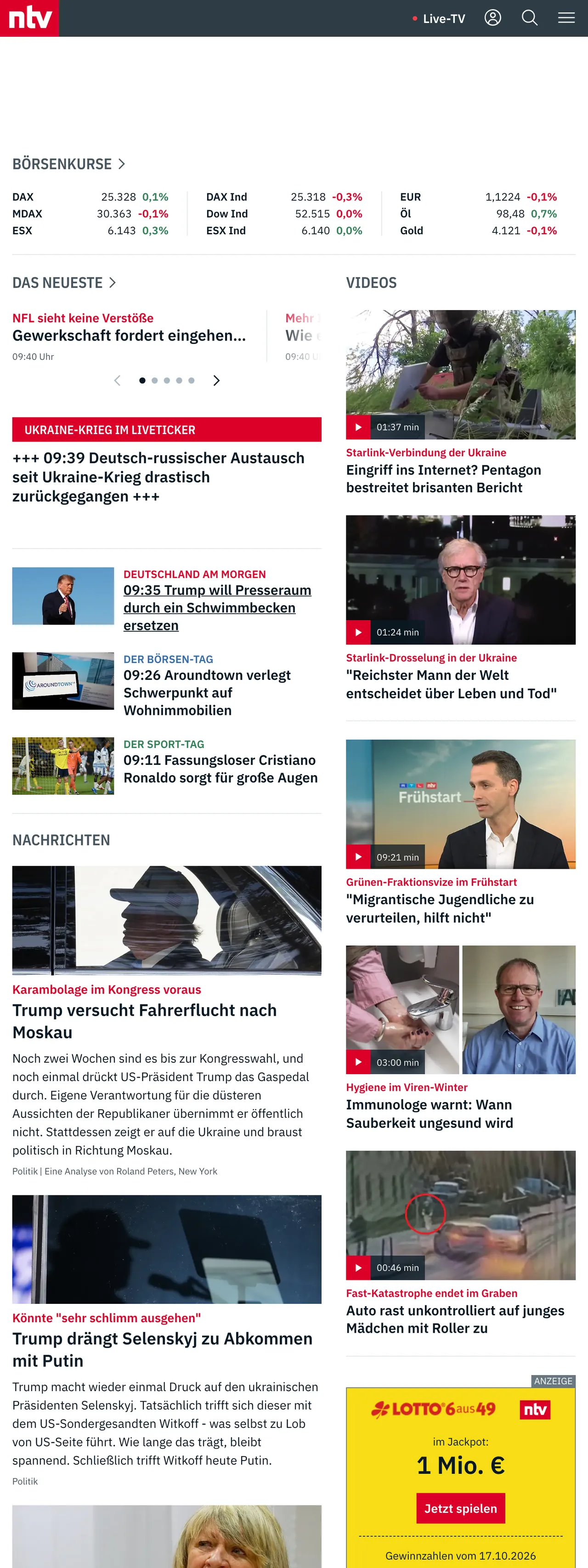 Screenshot of the n-tv front page