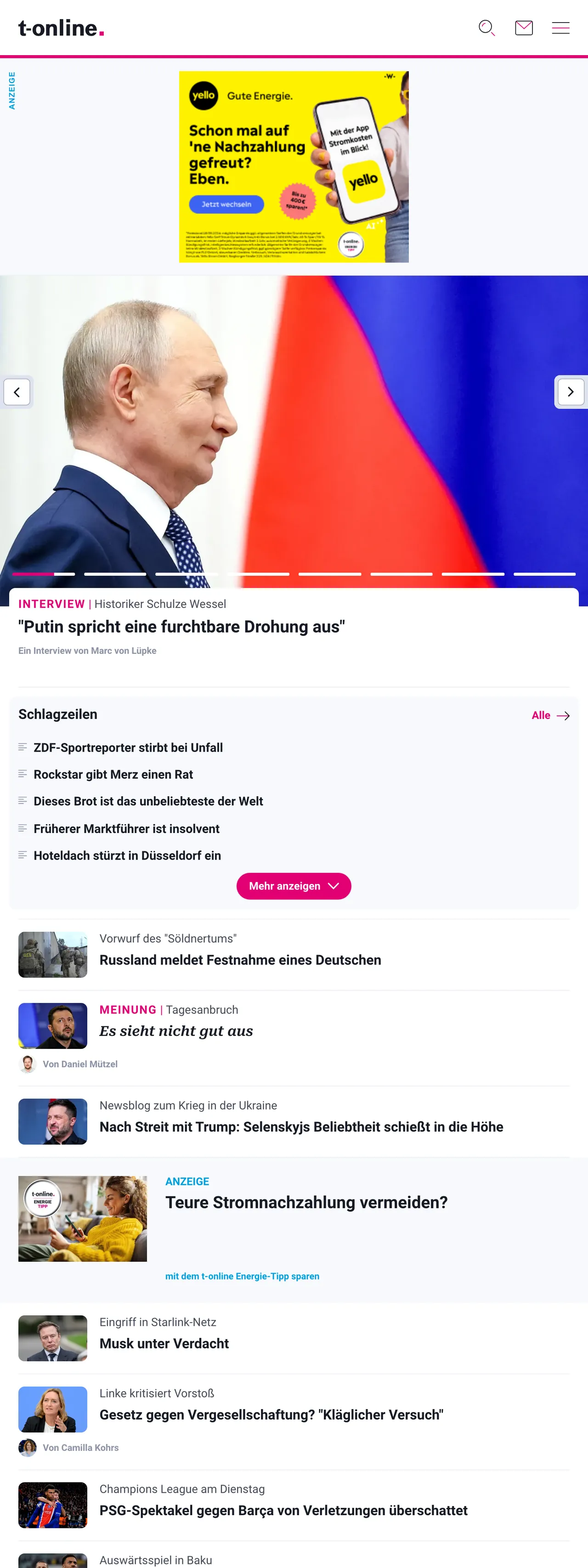 Screenshot of the t-online front page
