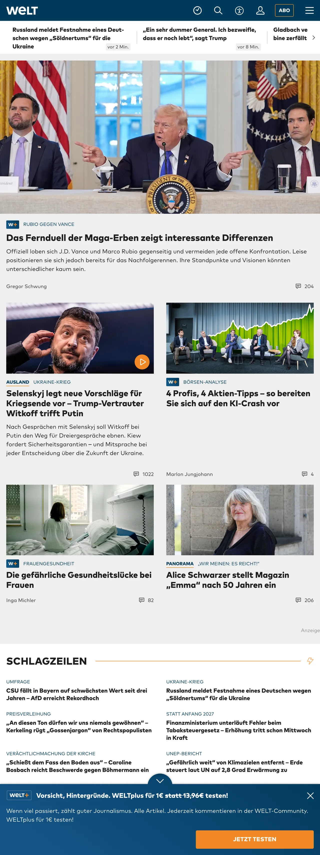 Screenshot of the WELT front page