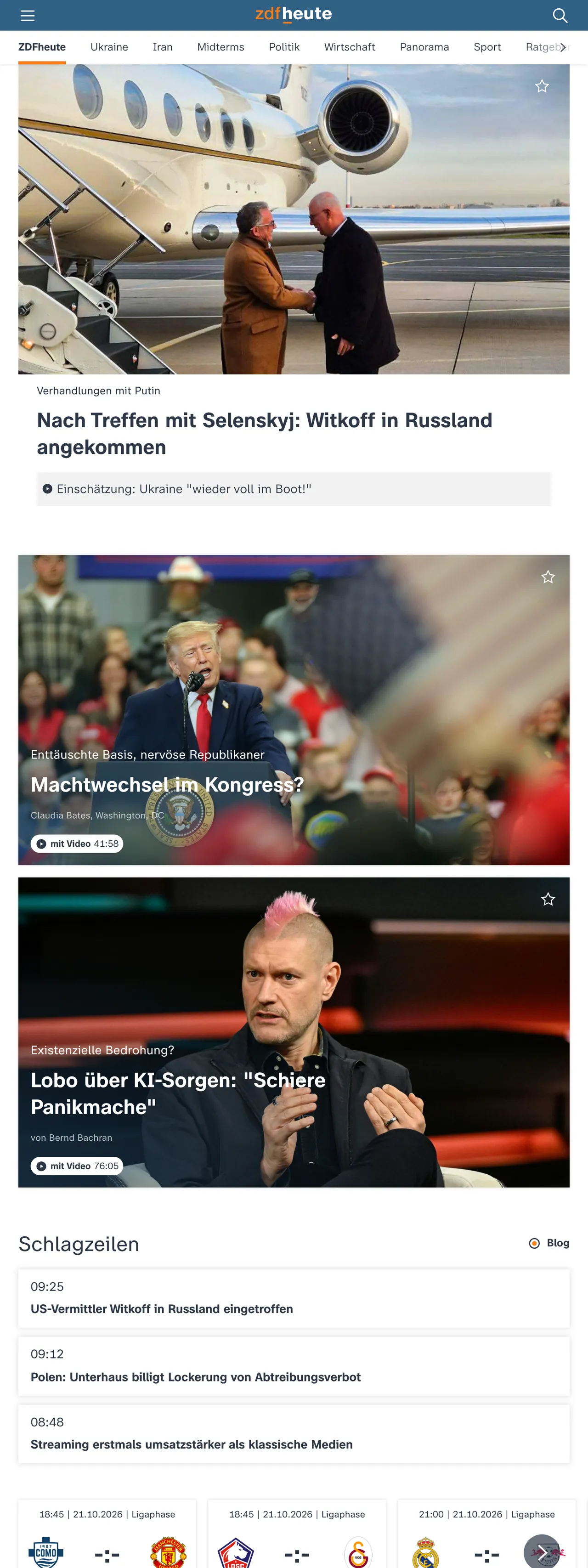 Screenshot of the ZDFheute front page