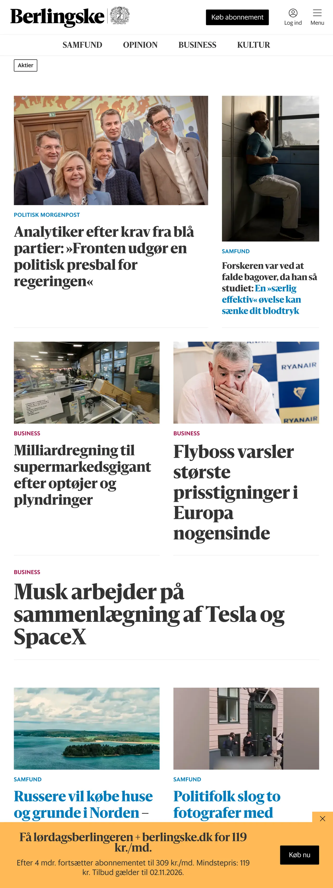 Screenshot of the Berlingske front page