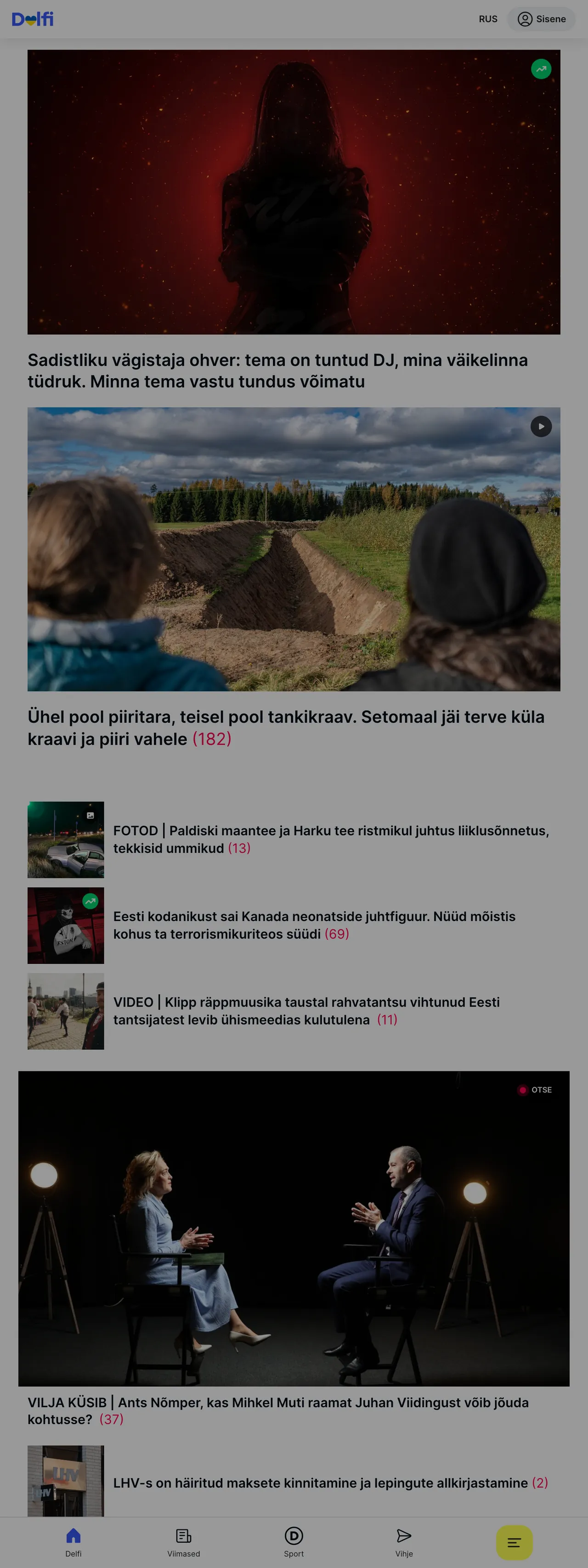 Screenshot of the Delfi front page
